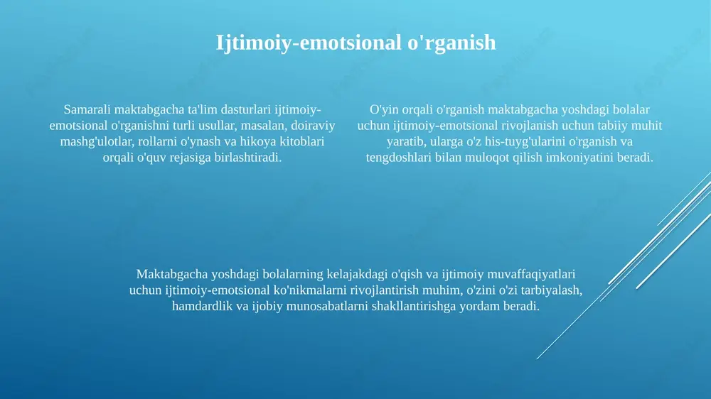 imoiy-emotsional rivojlanishni yaxshilaydi. katta va bola o'rtasidagi munosabatlar ham muhim. erta bolalik tajribalari til rivojlanishiga, lug'at va grammatika ko'nikmalarini shakllantirishga sezilarli ta'sir ko'rsatadi. maktabgacha yoshdagi davrda asoslangan savodxonlik ko'nikmalari shakllanadi va kelajakdagi o'quv muvaffaqiyatlariga ta'sir qiladi. xavfsiz va rag'batlantiruvchi muhit yaratish xavfsiz, qiziqarli va yoshga mos o'yin maydonchalari tadqiqot va o'rganishni rivojlantiradi. aniq tartib va doimiy intizomni o'rnatish xavfsizlik va bashoratlilikni shakllantiradi. o'qituvchi-bola o'rtasidagi ijobiy munosabatlar hissiy rivojlanish va mansublik tuyg'usini rivojlantiradi. kognitiv rivojlanish erta bolalik tarbiyachilari ragʻbatlantiruvchi muhit va individual qoʻllab-quvvatlashni taʼminlab, oʻrganish salohiyatini maksimal darajada oshirish orqali kognitiv rivojlanishni shakllantirishda muhim rol oʻynaydi. maktabgacha yoshdagi bolalarning kognitiv rivojlanishi til o'rganish, muammo yechish ko'nikmalari va ramziy fikrlash rivojlanishiga qaratilgan bo'lib, kelajakdagi o'rganish uchun juda muhimdir. maktabgacha ta'lim o'yin orqali o'rganish, ijtimoiy aloqa va turli xil turtki berish orqali kognitiv rivojlanishni, miya rivojlanishini yaxshilaydi. rivojlanishni baholash bolalarning yosh me'yorlariga nisbatan qobiliyatlarini miqdoriy baholash imkonini beruvchi rasmiy standartlashtirilgan baholash, qo'shimcha yordamga …