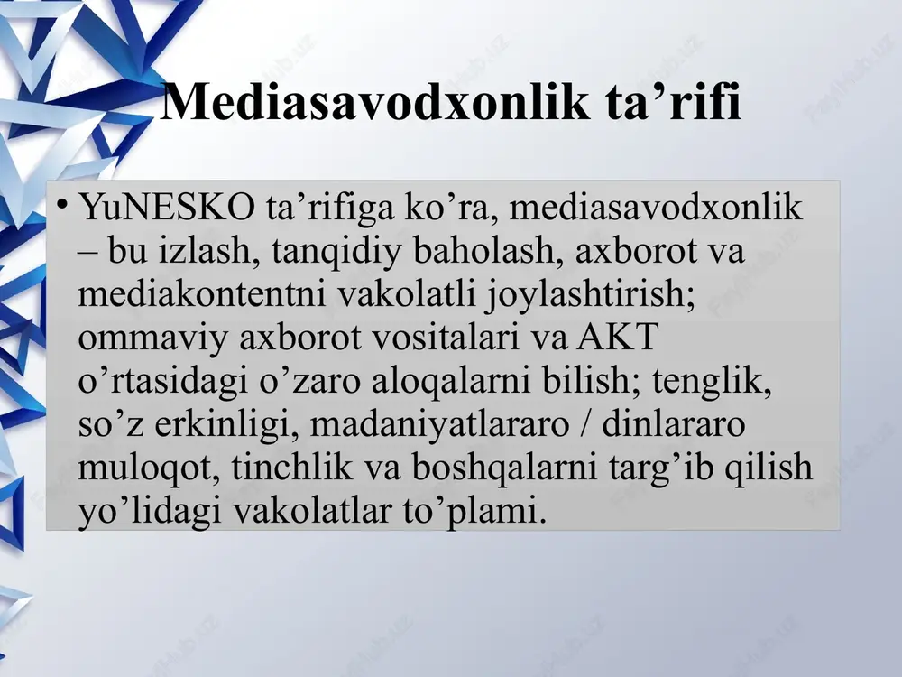 chraydi yoki ommaviy axborot vositalari egalarining manfaatlariga mos kelishiga qarab cheklanadi. ularning daromad olish motivatsiyasi nafaqat biz ko’radigan yoki ko’rmaydigan ommaviy axborot vositalarini belgilabgina qolmasdan, balki oddiy foydalanuvchi nimani va kimga internetda post qilishi va onlayn gaplashishi mumkinligini aniqlaydi. bunga bizni "axborot pufagi" yoki "filtrlar pufagi" deb atalmish narsada ushlab turadigan yangi feysbuk algoritmlari misol bo’lishi mumkin. 5. ko’pchilik mediaxabarlar g’oyalashtirilgan bo’ladi va u yoki bu qadriyatlarni targ’ib qiladi aksariyat mediamahsulotlari ma’lum ma’noda reklama hisoblanadi, chunki ular brendlarni, savdo belgilarini, shaxslarni va qadriyatlarni va turmush tarzini targ’ib qilishadi. media iste’molchilarning qiziqishini rag’batlantirish, hokimiyat idoralarining harakatlarini ma’qullash va boshqalar uchun xizmat qiladigan aniq yoki yashirin tarzdagi mafkuraviy xabarlarni ifoda etadi. e’tiboringiz uchun raxmat image2.jpg image3.jfif image4.jfif image5.jfif image6.jfif image7.jfif image8.png image1.jpeg /docprops/thumbnail.jpeg