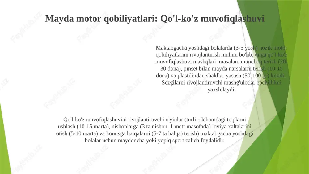 tini kuzatish, 3 xil shakl saralash mashg'ulotlarida ishtirok etish va sodda shaklli rasmlar yaratish orqali baholash rang va shaklni tushunishni sezgilar orqali boyitish. 15+ turdagi materiallar (qum, suv, plastilin) ishlatiladi. bolalar teksturali yuzalarda shakllarni (5 ta katta, 5 ta kichik) chizishadi. bo'yoqlar bilan (6 ta asosiy/qo'shimcha rang) rang aralashtirish tajribalari rang munosabatlarini o'yinchoq usulida boyitadi. ranglarni o'rganish: 3-5 yoshli bolalar 10 dan ortiq rangli kubiklar yordamida 2d shakllar (doira, kvadrat, uchburchak) va 3d jismlar (shar, kub) orqali ranglarni (qizil, ko'k, yashil, sariq va boshqalar) o'rganadilar tabiatning sezgi maydonchasi dastur haftada 6 ta ochiq havoda o'tkaziladigan mashg'ulotni o'z ichiga oladi; har bir mashg'ulotda 5-8 bola guruhida ijodkorlik va muammo yechishni rivojlantiruvchi 2-4 ta tabiatga asoslangan sezgilar faoliyati birlashtirilgan 2-5 yoshli bolalardagi mayda motor ko'nikmalari, muvozanat va fazoviy ongni rivojlantiruvchi sezgi faoliyatlari (masalan, 10 xil turli teksturali yo'laklar, 5 suv o'yinlari). 3 kuzatuv usuli orqali hujjatlashtirilgan 7 ta asosiy rivojlanish bosqichiga ta'sir …