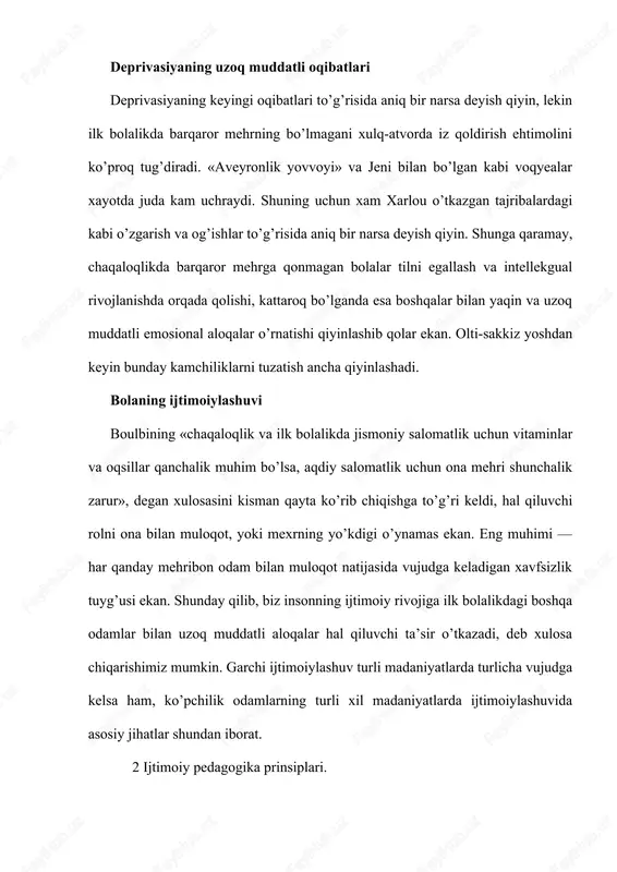 ngicha ma’lumotlarni izoxlaydi. bu borada ijtimoiy pedagogikada yanada ko‘p qiyinchiliklar yuzaga kelmokda, ammo uning dunyoviy balog‘at yoshiga (100 yildan ortik) karamay o‘z bekistonda bu fan endi o‘z ining birinchi kadamlarini kuymokda. biz 3 ta prinsipni ko‘rib chiqamiz: tarbiya’ning tabayatga uyg‘un bo‘lishi to‘g‘risidagi prinsip, tarbiya’ning madaniy uyg‘un bo‘lishi prinsipi va gumanizim prinsipi. shu prinsiplardan har biri ijtimoiy pedagogikada o‘zining talqiniga va o‘ziga xos xususiyatiga ega. a). tarbiya’ning tabiatga uyg‘un bo‘lish prinsipi. tarbiya’ning tabiatga uyg‘un bo‘lishi - ijtimoiy pedagogika prinsipi, shunga ko‘ra ijtimoiy pedagog o‘z amaliy faoliyatida bolaning tabbiy holda rivojtanish omillariga tayanadi. tarbiya’ning tarbiyaga uyg‘un bo‘lish prinsipi ilk bor chex pedagogi yan amos komenskiy (1592-1670) bilan uning «buyuk didaktika» (1632) degan eng asosiy ishida ta’riflangan. komenskiy, inson tabiatining bir qismi va u tabiatning bir qismi sifatida uning eng asosiy, umumiy krnunlariga buysunadi, deb hisoblanadi. komenskiyning fikricha, tabiatning bu qonunlari o‘simliklar va hayvonlar olamida ham shuningdek, insonga nnsbatan ham o‘z ta’sirini o‘tkazib …