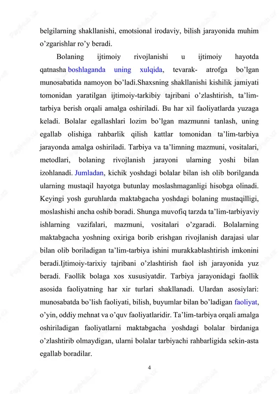 urgan tabiiy va ijtimoiy muhit, shuningdek bolalarda muayyan xislatlarni shakllantirish bo’yicha maqsadga yo’naltirilgan faoliyat kiradi. ichki omillarga esa biologik, irsiy omillar kiradi. rivojlanish jarayonida bola faoliyatning har xil turlariga jalb qilinadi (o’yin, mehnat, o’quv, sport va b) va muloqotga kiradi (ota-ona, tengdoshlar, begona kishilar va b. bilan). bunda u o’ziga xos bo’lgan faollikni namoyon etadi. bu muayyan bir ijtimoiy tajribani egallashga yordam beradi.bola rivojlanishining har bir davri uchun faoliyat turlaridan biri asosiysi, etakchisi bo’ladi. bir tur boshqasi bilan almashtiriladi, biroq har bir faoliyatning yangi turi oldingisining ichida yuzaga keladi. bola tug’ilishidan boshlab normal rivojlanishi uchun muloqot muhim ahamiyatga ega. faqatgina muloqot jarayonida bola inson nutqini o’zlashtirib olishi mumkin. bu o’z navbatida bola faoliyatida va atrof-muhitni bili shva o’zlashtirishda etakchi vazifani bajaradi. shaxs rivojlanishi harakatlantiruvchi kuchlari bo’lib bola ehtiyoji va uni qoniqtirish imkoniyati o’rtasida yuzaga keladigan qarama-qarshiliklar hisoblanadi. insondagi biologik va ijtimoiy omillar – bu bir-biriga bog’liq bo’lmagan ikki parallel chiziqlar …