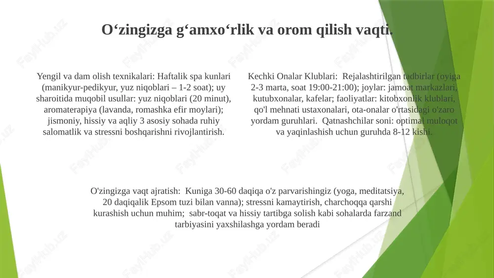 qdim etadi oila bog'larini bilvosita mustahkamlash ona klublari orqali oilaviy aloqalarni mustahkamlash. jamoatchilikni qurish va mansublik mahalla markazlarida (masalan, oakwood mahalla uyida) tashkil etilgan klublar (masalan, qo'l mehnati, fitness, 10+ ona uchun qo'llab-quvvatlash guruhlari) onalar uchun aloqa qilish, tajriba almashish va mazmunli munosabatlar o'rnatish imkoniyatini beradi mahalliy jamoa munosabatlarini mustahkamlash (masalan, springfilddagi 5 ta mahalliy kutubxonada 20 dan ortiq onalarning kitob klublari) mansublik tuyg'usini oshiradi va ota-onalarning yolg'izligini kamaytiradi. ijtimoiy aloqaning ortishi (oyiga kamida 3 tadan tadbir) ruhiy salomatlikni yaxshilaydi va oilaviy qo'llab-quvvatlash tarmoqlarini mustahkamlaydi. qayta zaryadlash va stressni kamaytirish kechki klublar (haftasiga 2-3 marta), turli tadbirlar (yoga, 19:00-20:00, kitobxonlik klublari, kulolchilik darslari, 18:00-19:00)ni turli joylarda (5 mil radiusdagi jamoat markazlari, bog'lar, kutubxonalar) taklif qilib, onalarning ruhiy salomatligiga foyda keltiradi, dr. smith (2023) tadqiqotlariga ko'ra stress darajasini 15-20% ga kamaytiradi. tartibli jadvallar (shu jumladan 60 daqiqalik dam olish vaqti, soat 20:00-21:00) ortiqcha yuk hissiyotini kamaytiradi (100 ona ishtirok etgan tadqiqotda …
