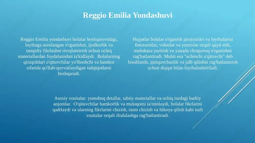 va obrazlarni yanada jozibador qilish. bolalarda turli nuqtai nazarlarni va ijtimoiy munosabatlarni hikoya qilish orqali o'rganishga yordam beradigan xayoliy o'yin stsenariylarini yaratish. hikoya aytish texnikalarini (ketma-ketlik, bashorat qilish va savol berish) tushunish va lug'at boyligini oshirish uchun qo'llash. o'yin asosidagi o'rganish usullari usullar: hikoya, musiqa, rasm va ochiq havoda o'yinlar. vositalar: qo'l mehnati buyumlari (kubiklar, jumboqlar), qo'g'irchoqlar, rasm anjomlari va tabiiy materiallar. farqlash: individual o'rganish uslublari va sur'atlariga moslashish. o'yin orqali o'rganish dramatizasiya, rasm va qurilish kabi amaliy mashg'ulotlar orqali ijodkorlik va muammo yechish ko'nikmalarini rivojlantiradi. ijtimoiy aloqa, hissiy rivojlanish va tilni o'rganishni tabiiy va qiziqarli tarzda rag'batlantiradi. baholash bolalarning o'yinini, ishtirokini va taraqqiyotini kuzatishga qaratilgan. portfel va qisqacha yozuvlar kabi hujjatlashtirish usullari rivojlanishni kuzatib boradi. o'qituvchi-bola o'zaro munosabatlari o'rganishni qo'llab-quvvatlashda muhim ahamiyatga ega. son va matematika tushunchalari konkret buyumlar va hayotiy vaziyatlardan foydalanib, sodda qo'shish va ayirish. yodlash emas, balki tushunishga urg'u berish. sodda shakllar va naqshli oʻyinlar: saralash, …