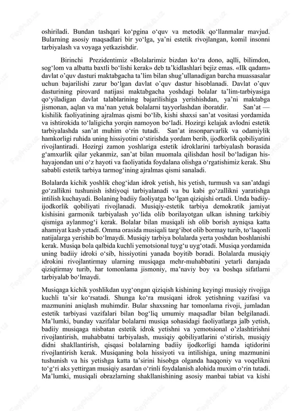 iy, aqliy rivojini amalga oshirish, bolani shaxs sifatida tarbiyalash, uni dunyoqarashini kengaytirish, o‘z iqtidorini namoyon qila olishga, estetik jihatdan musiqani tushunishga, unga ijodkorona yondasha olishga o‘rgatishdan iboratdir. har bir bola musiqaning qaysi yo‘nalishini o‘rganishidan qat’iy nazar uning yosh xususiyatlarini, psixologik rivojini musiqa rahbari nazarda tutishi lozim.unda uzluksiz davom yetadigan bir butun ta’lim-tarbiya jarayonining belgilovchi ilk turi “maktabgacha ta’lim” deb ataladi. birgina shu yondashuvning o‘ziyoq tarbiyaga mehribonlik va adolat bilan qarashni talab yetadi. negaki, bugunki yosh avlodlarni xxi asrda kuchga to‘lib, sog‘lom, bilimli, aqlli bo‘lib jamiyatimizning faol a’zolariga aylantirishdek ulkan vazifa musiqa rahbari va tarbiyachi zimmasida turibdi. agar kichik yoshlarimizdagi shijoatni, kuch-qudratni, bilimdonlikni hamda vatanparvarlikni musiqa yordamida uyg‘unlashtira olsak, bundanda ziyoda qudratni topa olmaymiz. maktabgacha yoshdagi bolalarni rivojlantirish jarayoni oldiga qo‘yilgan maqsad va vazifalarning bajarilishiga yerishish uchun «uchinchi mingyillikning bolasi» tayanch dasturi va o‘quv qo‘llanma asosida amalga oshiriladi. bundan tashqari ko‘pgina o‘quv va metodik qo‘llanmalar mavjud. bularning asosiy maqsadlari bir yo‘lga, …