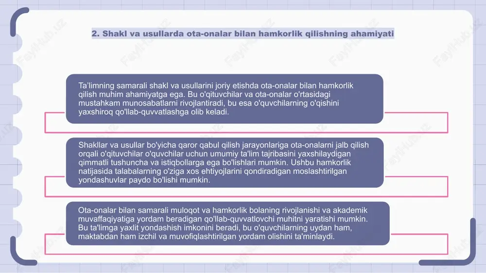 minlash uchun umumiy maqsadlar sari birgalikda harakat qiling. ota-onalar bilan aloqada bo'lish uchun elektron pochta, telefon qo'ng'iroqlari va shaxsiy uchrashuvlar kabi turli xil aloqa shakllaridan foydalaning. moslashuvchanlik va tushunish ota-onalar ishtirokidagi to'siqlarni bartaraf etishda muhim ahamiyatga ega. 9. ota-onalar ishtirokining turli shakllarini o'rganish ota-onalar ishtirokining turli shakllarini o'rganish ota-onalar va maktablar o'rtasidagi ijobiy munosabatlarni rivojlantirishda juda muhimdir. turli usullarni tan olish va ulardan foydalanish orqali maktablar oilalar uchun yanada inklyuziv va qo'llab-quvvatlovchi muhit yaratishi mumkin. ko‘ngillilik, ota-onalar konferensiyalarida qatnashish va maktab tadbirlarida qatnashish kabi shakllar ota-onalarning farzandlarining ta’lim-tarbiyasiga ko‘proq jalb etilishining bir necha misolidir. ishtirok etishning har bir shakli bolaning akademik muvaffaqiyatini shakllantirishda o'ziga xos rol o'ynaydi. ota-onalarni ishtirok etishning turli shakllari bo'yicha o'rgatish va ularning ishtirokini rag'batlantirish oilalar va maktablar o'rtasidagi aloqa va hamkorlikni yaxshilashga olib keladi. ushbu hamkorlikdagi sa'y-harakatlar uy va sinfda kuchli qo'llab-quvvatlash tizimini yaratish orqali talabalarga foyda keltiradi. 10. ota-onalar bilan shakl va usullarni takomillashtirishda texnologiyaning …