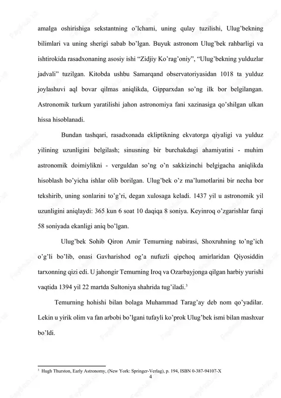 n yaqindan tanishtirdilar. bir qator manbalarda keltirilishicha, 1397-98 yiliyoq, kelajakda katta shoir va olim bo’lib yetishgan shayx orif ozariy ham ulug’bekning murabbiysi qilib tayinlangan edi. ulug’bek juda yosh bo’lishiga qaramay, davlat kengashlariga, mas’ul qabul arosimlariga ham kiritilar va hamisha bobosining chap tomonida o’tirar edi. demak, temur bu nabirasini davlat ishlarini boshqarishga ham tayyorlab borgan. ulug’bekning yoshligi movorounnahrda markazlashgan yirik davlat yuzaga kelgan sharoitda, bobosi temurning harbiy yurishlari davrida o’tdi. ulug’bekni ko’pincha bu yurishlarda o’zi bilan birga olib yurdi. masalan, 1398 yili hindistonga, 1399-1404 yili turkiyaga, 1404 yili xitoyga qilgan yurishlarida ulug’bek bobosi yonida bo’ldi. mirzo ulug’bek davridagi tarixiy jarayonlar. 1404 yili temur ulug’bekka sevimli va e’tiqod qo’ygan nabirasi muhammad sultonning qizi o’ga begimni olib beradi va sovg’a tariqasidatoshkent, sayram, ashpara va butun mo’g’ulistonni xadya qilib beradi. temur vafotidan so’ng (1405 yili) temuriylar o’rtasida hokimiyat uchun kurash boshlanadi, siyosiy parokandalik kuchayadi. bu kurash natijasida 1409 yili xuroson va movorounnahrda ikki mustaqil …