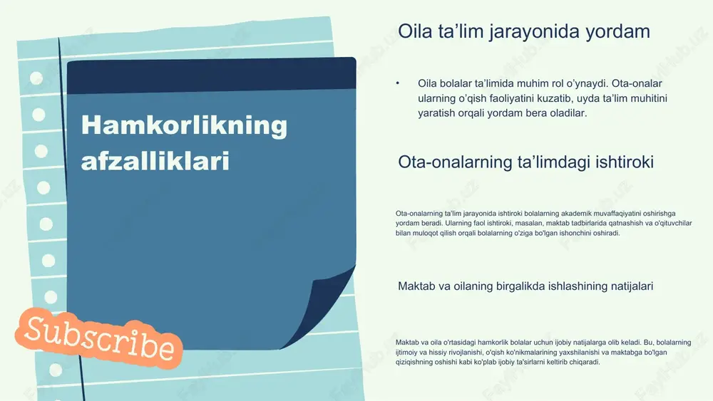 lari oʼrtasida ishonch va hamkorlikni mustahkamlaydi. - **aloqa usullari**: - **uchrashuvlar**: oila va taʼlim tashkiloti oʼrtasida yuzma-yuz muloqot. - **telefon qoʼngʼiroqlari**: tezkor va oson aloqa usuli. - **elektron pochta**: maʼlumotlarni tez va samarali yetkazish. - **aloqani baholash**: - natijalarni koʼrish va tajribalarni oʼrganish. - kelajakdagi hamkorlikni rivojlantirish uchun zaruriy maʼlumotlarni taqdim etadi. oila va taʼlim oʼrtasidagi aloqa photo by aleksei zaitcev on unsplash oila va taʼlim tashkilotlari: afzalliklar va qiyinchiliklar hamkorlikning afzalliklari oila va taʼlim tashkilotlari oʼrtasidagi hamkorlik bolalarning rivojlanishiga katta yordam beradi. bunday hamkorlik orqali bolalarga yanada sifatli taʼlim berish, ularning oʼqishga boʼlgan qiziqishini oshirish va oilaning taʼlim jarayonida ishtirok etishini kuchaytirish mumkin. oila rolining kuchayishi oila taʼlimda muhim rol oʼynaydi, bu esa bolalarning psixologik va ijtimoiy rivojlanishiga ijobiy taʼsir koʼrsatadi. ammo, oilaning vaqt, resurslar va taʼlimga boʼlgan yondashuvdagi cheklovlari ham mavjud. bunday qiyinchiliklarni yengish uchun oilalar uchun qoʼllab-quvvatlash dasturlari va resurslar muhimdir. kutilayotgan natijalar oila va taʼlim tashkilotlari …