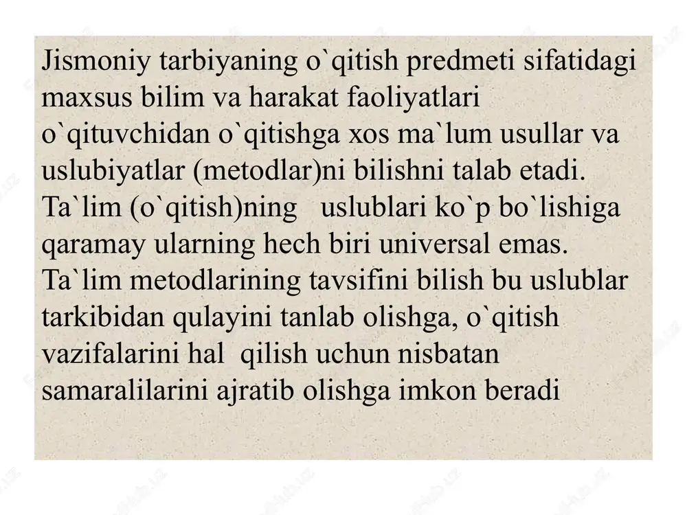 h yoki eng sodda harakatlarni o`zlashtirishda o`quvchining harakat tajribasi va bilmidan foydalanishda qo`llaniladi. t u sh u n t i r i sh harakat faoliyatlariga ongli munosabatning muhim usullaridan biri bo`lib, u asosiy “nima uchun?” degan savolga javob beradi s u x b a t bir tomondan, faollikni oshiradi, o`z fikrini aytish malakasini sha killantiradi, boshqa tomondan, o`qituvchiga o`z o`quvchilarining bilish, bajarilgan ishni baholash uchun yordam beradi. suhbat faqat o`qituvchining o`quvchilarga bergan savollari va ularga o`quvchilarning javoblari yoki o`z dunyo qarashlarini erkin gapirib berish, o`rtaga tashlash tarzida amalga oshiriladi. m u h o k a m a suhbatdan faqat biror vazifani bajargandan so`ng o`tkazilishi bilan farq qiladi. muhokama bir tomonlama bo`lishi mumkin - agar u o`qituvchi tomonidan o`tkazilsa, ikki tomonlama bo`lishi mumkin - o`quvchilar ishtiroki bilan o`tkazilsa t o p sh i r i q dars oldidan vazifa ko`yish yoki dars davomida hususiy vazifa ko`yishni nazarda to`tadi. vazifaning birinchi shaqli …