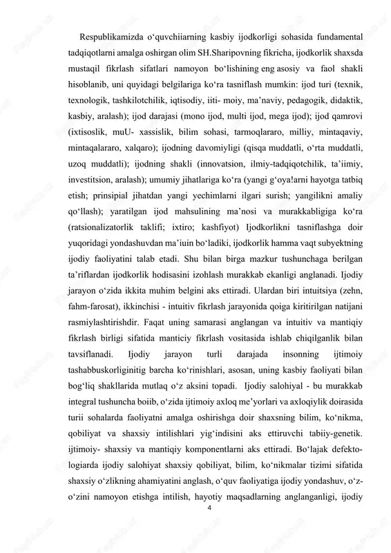 tirishdir. faqat uning samarasi anglangan va intuitiv va mantiqiy fikrlash birligi sifatida manticiy fikrlash vositasida ishlab chiqilganlik bilan tavsiflanadi. ijodiy jarayon turli darajada insonning ijtimoiy tashabbuskorliginitig barcha ko‘rinishlari, asosan, uning kasbiy faoliyati bilan bog‘liq shakllarida mutlaq o‘z aksini topadi. ijodiy salohiyal - bu murakkab integral tushuncha boiib, o‘zida ijtimoiy axloq me’yorlari va axloqiylik doirasida turii sohalarda faoliyatni amalga oshirishga doir shaxsning bilim, ko‘nikma, qobiliyat va shaxsiy intilishlari yig‘indisini aks ettiruvchi tabiiy-genetik. ijtimoiy- shaxsiy va mantiqiy komponentlarni aks ettiradi. bo‘lajak defekto- logiarda ijodiy salohiyat shaxsiy qobiliyat, bilim, ko‘nikmalar tizimi sifatida shaxsiy o‘zlikning ahamiyatini anglash, o‘quv faoliyatiga ijodiy yondashuv, o‘z-o‘zini namoyon etishga intilish, hayotiy maqsadlarning anglanganligi, ijodiy faoliyatga yo‘nalganlikda namoyon boiadi. ijodiy fikrlash insonning muammoli vaziyat sharoitida obyektiar o‘rtasidagi yangi aloqalarni izlab topish, mavjud tajribalarga asosianib, yangi harakat usullaridan foydalanish, muvaffaqiyatli yechim topishi uchun zarur jarayon bo'lib, verbal-mantiqiy, ong osti va intuitiv-amaliy komponentlar birligini aks ettiradi. ijodiy jarayon tuzilmasida ijodiy fikrlash motivatsiyasi …