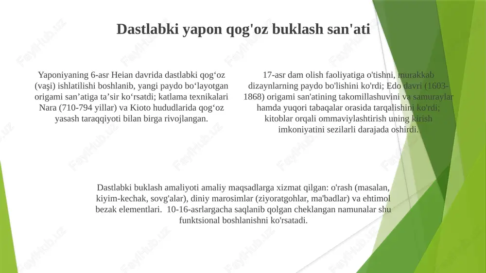 imgi xitoy (6-asr): qog'oz buklashning kelib chiqishi, dafn buyumlari orqali tasdiqlanganidek, qog'oz ishlab chiqarish ixtirosidan kelib chiqqan bo'lishi mumkin; dastlabki diniy amaliyotlar, ehtimol qog'oz hadyalar (buddist/taoist marosimlari) va ajdodlarga sig'inish bilan bog'liq bo'lib, marosimiy qo'llanilishini bildiradi ta'limda origami 20-asrda origami jahon miqyosida keng tarqaldi. tokiolik akira yoshizawa (1911-2005) origami yozuvini standartlashtirdi va jahon taraqqiyotiga ta’sir ko‘rsatdi. ikkinchi yarmida ta’limdagi qo‘llanilishi sezilarli darajada oshdi, dunyo bo‘ylab (aqsh, yevropa va osiyo, ayniqsa yaponiya va xitoy) o‘quv dasturlariga kiritildi. origami 7-asr yaponiyasiga borib taqaladi, qogʻoz ishlab chiqarish taraqqiyoti (taxminan 610 yil) va xeyan davri (794-1185) bezakli qogʻoz buklashidan rivojlangan. dastlabki shakllari murakkab modellarga ega emas edi; oddiy shakllar ustunlik qilgan. buddist hadyalari kabi diniy kontekstlarda buklangan qogʻoz ishlatilgan. 17-asr yaponiyasida origami mashhurligini oshirgan "orikata" (katlama ko'rsatmalari) kitoblarda paydo bo'ldi. aytniqan asarlar orasida akita prefekturasining "senbazuru" (ming turna) an'anasi bor. bu davr bezak elementlari va murakkablashgan dizaynlarda diqqat qaratildi. marhumlarni dafn marosimlari va origami …
