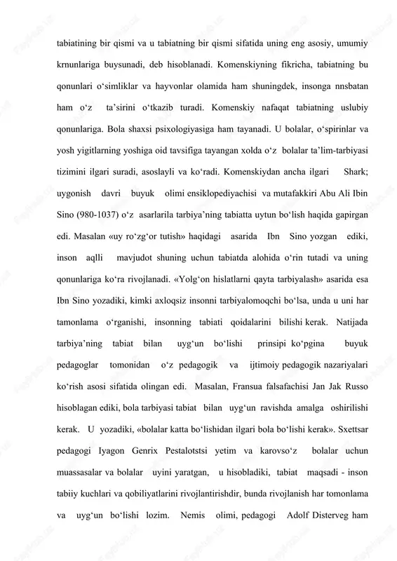 iroda) asoslarini o‘rganish zaruriyatini asoslab berdi, uning asosi so‘zlash qobiliyatini axloqiy estetik va diniy hislari, didaktikani o‘rganishga o‘tish mumkin. shark uygonish davri mugafakkiri ensiklopediyachisi abu nasr forobiy (873-950) 1) pedagogikaning mustaqil fan sifatida ajralib chiqishiga kadar o‘z asarida aytgan ediki, inson tabiatning eng oliy zoti, u atrof muhitni har tamonlama idrok qilishi mumkin. abdulla avloniy (1878-1934) «turkiy guliston yoxud axloq» degan asarida turli shaxs axloqiy hislatlarini tarbiyalashga katta e’tibor beradi. uning asarini o‘zbek tilida yezilgan pedagogika bo‘yicha birinchi darslik dsb hisoblash mumkin. 1)pedagogika mustaqil fan sifatida y.a.komenskiyning «buyuk dedaktika» (xu11 asr) degan asaridan so‘ng ajralib chiqli, unda didaktika prinsiplari va pedagogik jarayon qonuniyatlari aniq tariflangan. forobiy pedagogikani mustaqil fanga ajratgan siyosiy (fukaro) fan tarkibiga kiritgan. uning fikricha, bolalarda ijobiy axloqiy hislatlarni tarbiyalashda atrof muhit katta o‘rin tutadi. u bola shaxsining tabiiy kamolatiga ishonardi, bola tabiatdan go‘zallik va mehr-oqibat bilan tugiladi. ijtimoiy pedagogikada tarbiya’ning tabiat bilan uyg‘un bo‘lishi prinsipiga amal qilib, …