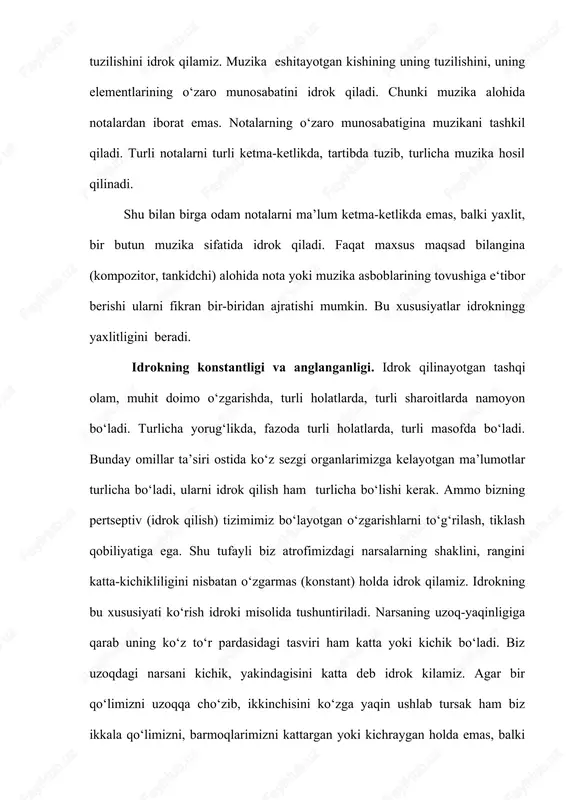 atidir. masalan, oynaga qarab turib yozishga harakat qilinsa tez orada kishi avval qiynaladi, keyinroq esa qo‘lini to‘g‘ri boshqarishga o‘rganadi. shuningdek tasvirlarni turli burchak ostida o‘zgartirib beruvchi ko‘zoynaklar uzoq muddat taqib yurilsa kishi atrof muhitni to‘g‘ri idrok qilishga o‘rganadi. agar idrokning konstantligi bo‘lmasa odam benihoya o‘zgaruvchan olamni anglay olmas edi. idrokning konstanligi tevarak atrofdagi olamning nisbatan barqarorligini ta’minlaydi. idrokning anglanganligi. ma’lumki idrok qo‘zg‘atuvchining retseptorlarga bevosita ta’siri natijasida yuzaga kelsa ham, biroq pertseptiv obrazlar hamma vaqt ma’lum ma’noga ega bo‘ladi. odamning idroki tafakkur bilan, narsaning mohiyatini tushunish bilan mustahkam bog‘liqdir. narsani ongli idrok qilish – uni fikran atash degan ma’noni anglatadi. biz idrok kilayotgan narsalarimiz haqidagi ma’lumotlarni o‘zimizga tanish bo‘lgan narsalarga o‘xshashligini aniqlashga, biror sinfga kiritishga, ba’zi kategoriyalarga qo‘shishga intilamiz. 4. appertseptsiya. idrok, uni yuzaga keltirgan qo‘zg‘atuvchi bilan birgalikda idrok qilinayotgan sub‘ektning o‘ziga tegishli bir qator omillarga ham bog‘liq. yakka holda olingan ko‘z, yoki quloq idrok qila olmaydi, balki tirik odam idrok …