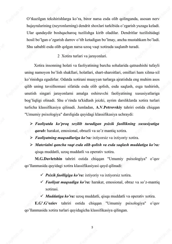 y xotira. · materialni qancha vaqt esda olib qolish va esda saqlash muddatiga ko’ra: qisqa muddatli, uzoq muddatli va operativ xotira. m.g.davletshin tahriri ostida chiqqan "umumiy psixologiya" o’quv qo’llanmasida quyidagi xotira klassifikasiyasi qayd qilinadi: · psixik faolligiga ko’ra: ixtiyoriy va ixtiyorsiz xotira. · faoliyat maqsadiga ko’ra: harakat, emosional, obraz va so’z-mantiq xotirasi. · muddatiga ko’ra: uzoq muddatli, qisqa muddatli va operativ xotira. e.g’.g’oziev tahriri ostida chiqqan "umumiy psixologiya" o’quv qo’llanmasida xotira turlari quyidagicha klassifikasiya qilingan. harakat xotirasi - inson faoliyatining har bir turida ruhiy faollikning u yoki bu ko’rinishlarini ustunlik qilishida kuzatiladi. masalan, harakat, hissiyot, idrok, aql-zakovat kabi ruhiy faoliyatning ko’rinishlari mavjuddir. ana shu ruhiy faollik turlarining har biri tegishli harakatlarda va ularning mahsulotlarida o’z ifodasini topib harakatlarda,hissiy kechinmalarda, tuyg’ularda, obrazlarda, timsollarda, fikr va mulohazalarda aks etadi.turli harakatlar va ularning bajarilishi tartibi, tezligi, sur'ati, izchilligi va boshqalarni esda qoldirish, mustahamlash, esga tushirishdan iborat xotira turi harakat xotirasi deb ataladi. his-tuyg’u …
