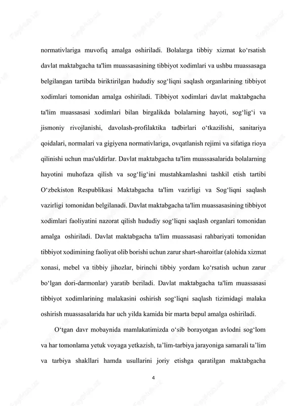 ini ta’minlash, maktabgacha ta’lim xizmatlarining nodavlat sektorini rivojlantirish maqsadida, shuningdek, o‘zbekiston respublikasi prezidentining 2018-yil 30-sentabrdagi “maktabgacha ta’lim tizimini boshqarishni takomillashtirish chora-tadbirlari to‘g‘risida”gi pq-3955-son qaroriga muvofiq: quyidagilar, o‘zbekiston respublikasi maktabgacha ta’lim tizimini 2030- yilgacha rivojlantirish konsepsiyasi quyidagilarni nazarda tutgan holda konsepsiyaning asosiy yo‘nalishlari hisoblanadi: maktabgacha ta’lim sohasidagi normativ-huquqiy bazani yanada takomillashtirish; maktabgacha yoshdagi bolalarning har tomonlama intellektual, axloqiy, estetik va jismoniy rivojlanishi uchun shart-sharoitlar yaratish; bolalarning sifatli maktabgacha ta’lim bilan qamrovini oshirish, undan teng foydalanish imkoniyatlarini ta’minlash, mazkur sohada davlat-xususiy sherikligini rivojlantirish; maktabgacha ta’lim tizimiga innovatsiyalarni, ilg‘or pedagogik va axborot-kommunikatsiya texnologiyalarini joriy etish; maktabgacha ta’limni boshqarish tizimini takomillashtirish, maktabgacha ta’lim muassasalari faoliyatini moliyalashtirish shaffofligi va samaradorligini ta’minlash; maktabgacha ta’lim tizimiga maktabgacha ta’lim tizimi xodimlarini tayyorlash, qayta tayyorlash, malakasini oshirish, tanlab olish va rivojlantirishga mutlaqo yangi yondashuvlarni joriy etish; maktabgacha ta’lim muassasalarida bolalarning sog‘lom va balanslashtirilgan ovqatlanishini, sifatli tibbiy parvarishini ta’minlash. hujjat erishilgan natijalar, maqsadli ko‘rsatkichlar va tegishli davrga (2019–2024-yil. va 2025–2030-yil.) …
