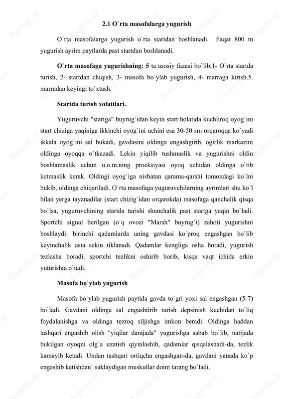 igan xarakatlar sakrovchining muvozanatini saklay bilishiga va yerga tushish uchun kulay xolatga ega bulishiga yordam beradi. sakrashning barcha kismlari uzaro uzviy boglikdir, lekin bayon etishni osonlashtirish uchun, ular aloxida-aloxida kurib chikiladi. yugurib kelish. yugurib kelish uzokligi erkaklarda 35-45 m, ayollarda esa 30-35 m gacha buladi. bu uzoklik odatda sakrovchining shaxsiy xususiyatlariga karab, birinchi navbatda esa, yugurib kelish tezligini kanchalar tez yoki sekin oshirib olish kobiliyatiga karab belgilanadi. «oyoqlarni bukib» sakrash texnikasi. bu usul ancha sodda va tabiiydir. «uchish qadam» tashlab ko`tarilgandan keyin orqadagi oyoqni yaqinlashtirib, ikkala oyoqni ko`krakka tortish kerak. bu xolatda gavdani ortiqcha engashtirib yuborish kerak emas. taxminan, yerga tushishiga 0,5 m qolganda oyoqlar sal tug`rilanadi. qo`llar boshlagan xarakatni davom ettirib, pastga, orqaga tushiriladi. bunday kompensator xarakat boldirlar muvozanatini saqlashga yordam beradi. «ko`krak kerib» sakrash texnikasi. sakrovchi kadamlab kutarilgandan keyin silkinch oyokni pastlatib, orkaga tortib, bungacha sal ildamlab kolgan depsinuvchi oyokka tizzasini yakinlashtiradi. shunday kilib ikkala oyok xam sal …
