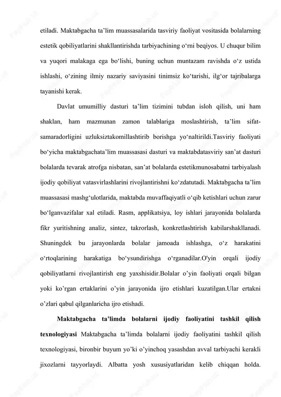 unga oq ramka qilish, rasmni kartonga yopishtirish kerak. dekoratsiyani yarim doira shaklida egish ham mumkin. soya teatrlarini sahnalashtirish - qo‘g‘irchoq sahnalashtirishning o‘ziga xos turlaridan hisoblanadi. unda qo‘g‘irchoqlar emas balki shakllardan iborat o‘yinchoqlar o‘ynaydi. tomosha qiluvchilar sahna ro‘parasida o‘tirib, ekranda yorug‘lik orqali harakatlanayotgan soyalar: odamlar, hayvonlar va qushlar soyasini ko‘rishi mumkin. soya teatrlarini sahnalashtirish uchun odam va hayvon soyalarini bolalarning o‘zlari chizib, qirqa oladilar. bolalarga shakllarni boshlari dumlarini qimirlatadigan qilishni o‘rgatish kerak, buning uchun detallarni simlar bilan biriktirib, spiral holatda aylantirib qo‘yiladi. yurtimizda kechayotgan ijtimoiy-ma’naviy islohotlar, fan-texnika va ishlab chiqarishning keskin rivojlanib borayotganligi – jamiyat talablariga javob bera oluvchi shaxsni tarbiyalash masalasi zamon talabi ekanligini ko`rsatmoqda. albatta, kelajakimiz poydevori bo’lgan, har jihatdan mas‟uliyatli, ma’naviy yetuk, axloqan pok, jamiyat taraqqiyoti uchun munosib hissa qo’sha oladigan yoshlarni tarbiyalash muhim ahamiyat kasb etmoqda. maktabgacha ta`lim tizimi uyg`un rivojlangan shaxsni shakllantirishda muhim ahamiyatga ega, chunki maktabgacha yoshdagi bolaga singdirilgan bilim va qadriyatlar uning kelgusidagi butun …