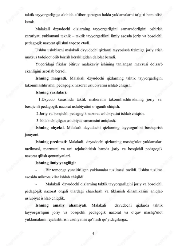 rag‘batlantirish hisoblanadi. hozirgi kunda eng muhim uslubiy tamoyillar qatoriga shu bilan birga quyidagilar kiradi. - tayyorgarlik tizimining dinamikaliligi. u moslashuvchan rejalashtirishda sport mahoratining rivojlanish yo‘nalishi, qoidalarining o‘zgarishi, halqaro kalendar va x.k.larni muntazam o‘rganish hamda hisobga olish asosida dasturlarga tezkor tuzatishlar kiritishni belgilab beradi. - yillik siklda tayyorgarlik bosqichiga bog‘liq holda vositalar, uslublar va yuklamalarni oqilona taqsimlash mashg‘ulot va musobaqa jarayonlarini muhim darajada individuallashtirishga, shu sababdan turli xil muqobil yondashishlarni rag‘batlantirish. rejalashtirish – tezkor, joriy va istiqbolli rejalashtirishga bo‘linadi.(abdiyev a.n., verxoshinskiy v.y.) [12]. rejalashtirish tizimini tashkil qilishning ikki tomondan ko‘rib chiqish mumkin. birinchisi, eng yangi nazariy va amaliy tadqiqotlar, shu qatorda hozirgi zamon mfning aniqlangan xususiyatlarini va avvalgi sikllarni rejalashtirishda ko‘zga tashlangan kamchiliklar asosida tayyorgarlikning model dasturini shakllantirish bilan bog‘liq. tayyorgarlik davrida mashg‘ulotlar faol dam olishdan shiddatli maxsus ishga, jismoniy sifatlarni keyinchalik ham rivojlantirishga, dzyudo texnikasi va taktikasini egallash, hamda takomillashtirishga asta-sekin o‘tishni ta’minlashga qaratilgan. bu davrda sportchilarning oldinda turgan musobaqa …
