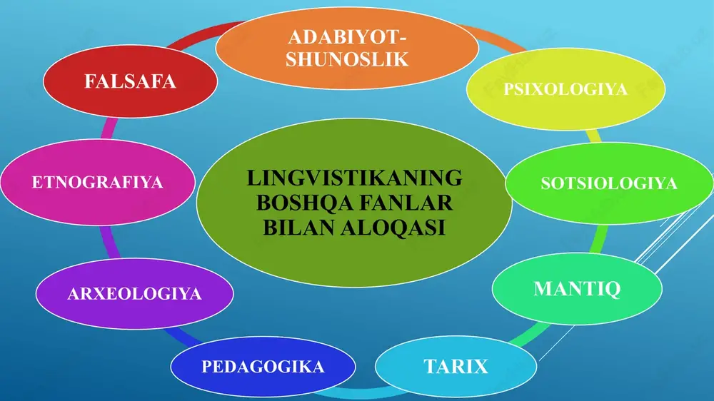 h o‘rinlari mavjud. ularning tarqalish joylarini kartalashtirish imkoni bor. shunday ekan, tilshunoslik bilan geografiya o‘rtasida qandaydir munosabat bo‘lishi tabiiy. bunday munosabatlingvistik va dialektik atlaslar tuzishda yorqin namoyon bo‘ladi. tilshunoslik va biologiya tilshunoslik biologiya fani bilan ham uzviy aloqadadir. avvalo, tilshunoslikning o‘rganish ob’ekti bo‘lgan til tovushlar silsilasi yordamida moddiylashadi. e’tiboringiz uchun rahmat!!! image1.png image2.png image3.png image4.jpeg image5.jpeg image6.jpeg image7.png image8.jpeg image9.jpeg image10.jpeg image11.jpg image12.jpeg /docprops/thumbnail.jpeg