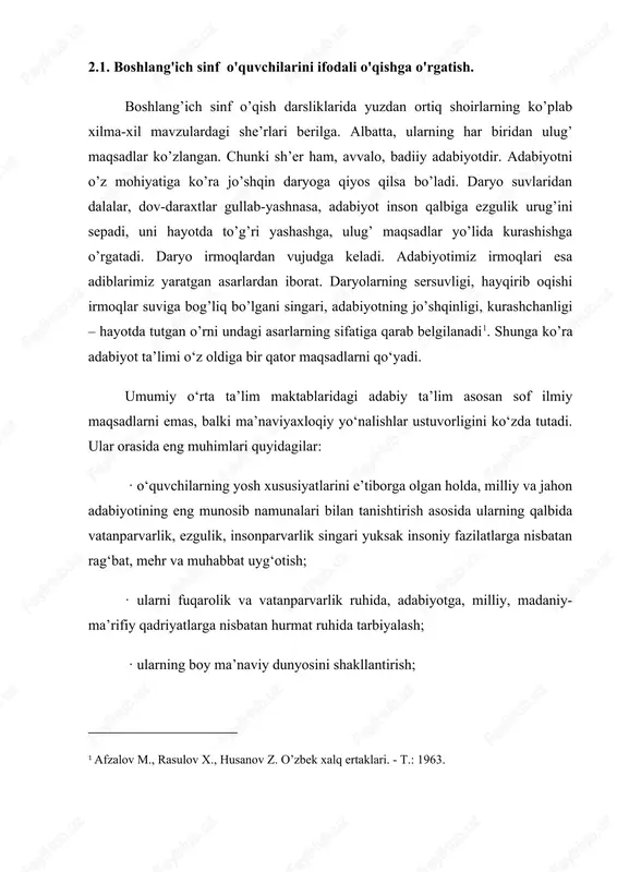 mkoniyat yaratish; · ularda har qanday ma’naviy xurujlarga nisbatan sog‘lom va baquvvat e’tiqodga tayanadigan immunitetni shakllantirish; · so‘z san’ati vositasida o‘quvchining individual va shaxslik fazilatlarini rivojlantirish. kadrlar tayyorlash milliy darsturda, «ta’lim to’g’risida» qabul qilingan qonunda bola tarbiyasi asosiy masala qilib qo’yilgan. bolalar tarbiyasi asosan otaonalar va tarbiyachilar tomonidan oshiriladi. hali o’qish, yozish, chizishni bilmaydigan maktabgacha ta’lim yoshidagi bolalar dunyo sirlaridan mutloqo bexabar bo’ladilar. shunga qaramay, bizni qurshagan olamni tezroq bilib olishga uning sirlarni o’rganishga intiladilar. unda oilada ota-onalar, bog’chalarda esa tarbiyachilar, maktabda esa o’qituvchilar yaqindan yordam beradilar, ya’ni ular badiiy asarlardan parchalab o’qishni, mazmun va mohiyatini tushunishni o’rganadilar. badiiy kitoblarning rasmlarini rang-barang harflarini o’qish o’rganishga muvaffaq bo’ladilar. ulg’ayib ketayotgan yosh avlodni komil insonlar qilib tarbiyalashda kattalar adabiyotining ajralmas bir bo’lagi bo’lgan bolalar adabiyotining ham ahamiyati katta. bolalar adabiyoti o’z oldiga kelajak avlodni jismonan baquvvat, ruhan pok, fikran sog’lom, iymon-e’tiqodi butun, bilimi ma’naviyati yuksak, mard va jasur, vatanparvar avlodni tarbiyalashdek katta …