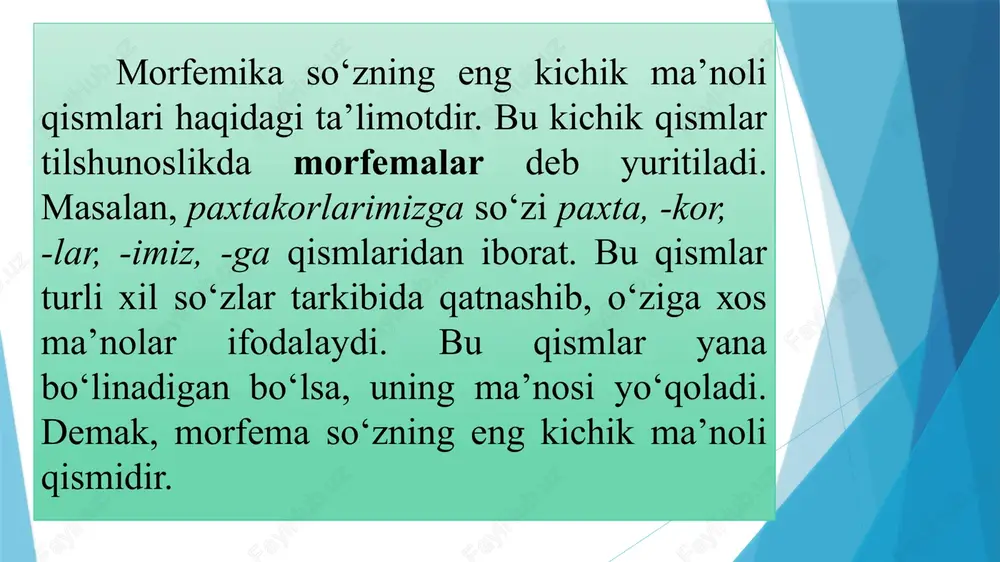 ta-ning, paxta-dan, paxta-ni, paxta-ga; vatan-im, vatan-ing, vatan-i; kelgan-man, kelgan-san; o‘qi-di-m, o‘qi-di-ng; ikki-nchi, kel-ar, kel-ib; uy-cha, qush-cha, qo‘zi-choq, katta-gina kabi. shakl yasovchi qo‘shimchalar o‘z xususiyatiga qarab ikki turga bo‘linadi: 1) kategorial shakl yasovchi qo‘shimchalar; 2) nokategorial shakl yasovchi qo‘shimchalar. kategorial shakl yasovchi qo‘shimchalar so‘zlarning o‘zgarishi bilan bog‘liq bir butun sistemani tashkil qilgan grammatik shakllarni hosil qiladi va ular ma’lum grammatik kategoriyalarga, paradigmalarga birlashadi. jumladan, ot va otlashgan so‘zlarga xos grammatik son, egalik va kelishik shakllarini yasovchi qo‘shimchalar; fe’llarga xos shaxs-son shakllari, zamon shakllari va u bilan bog‘liq mayl shakllarini yasovchi qo‘shimchalar kategorial shakl yasovchi qo‘shimchalarga kiradi. nokategorial shakl yasovchi qo‘shimchalar grammatik ma’no ifodalovchi shakl yasaydi, lekin bu qo‘shimchalar shakllar sistemasini – paradigmani hosil qilmaydi. bular asosan quyidagilar: 1. otlarda kichraytirish, erkalash, chegara kabi har xil ma’nolarni anglatuvchi shakl yasovchi qo‘shimchalar: -cha, -loq, -chak, -choq, -gina, -gacha: uy-cha, bo‘ta-loq, qo‘zi-choq, kelin-chak, shahar-gacha kabi. 2. ot, sifat va ravishlarda modallik (-gina: qiz-gina, yaxshi-gina, …