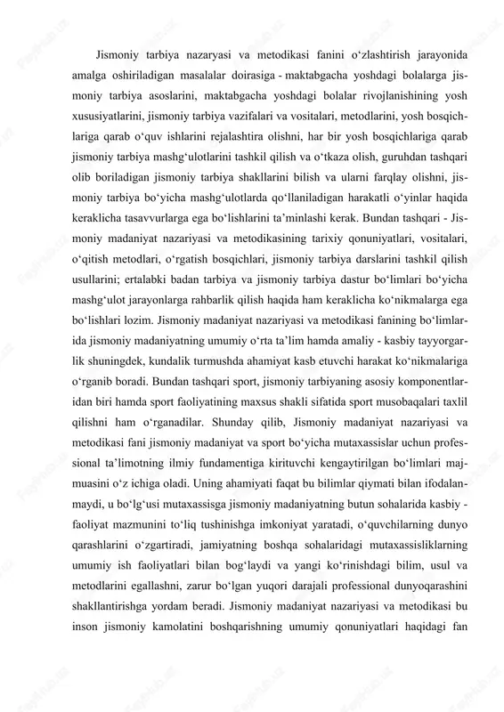 qilish haqida ham keraklicha ko‘nikmalarga ega bo‘lishlari lozim. jismoniy madaniyat nazariyasi va metodikasi fanining bo‘limlarida jismoniy madaniyatning umumiy o‘rta ta’lim hamda amaliy - kasbiy tayyorgarlik shuningdek, kundalik turmushda ahamiyat kasb etuvchi harakat ko‘nikmalariga o‘rganib boradi. bundan tashqari sport, jismoniy tarbiyaning asosiy komponentlaridan biri hamda sport faoliyatining maxsus shakli sifatida sport musobaqalari taxlil qilishni ham o‘rganadilar. shunday qilib, jismoniy madaniyat nazariyasi va metodikasi fani jismoniy madaniyat va sport bo‘yicha mutaxassislar uchun professional ta’limotning ilmiy fundamentiga kirituvchi kengaytirilgan bo‘limlari majmuasini o‘z ichiga oladi. uning ahamiyati faqat bu bilimlar qiymati bilan ifodalanmaydi, u bo‘lg‘usi mutaxassisga jismoniy madaniyatning butun sohalarida kasbiy - faoliyat mazmunini to‘liq tushinishga imkoniyat yaratadi, o‘quvchilarning dunyo qarashlarini o‘zgartiradi, jamiyatning boshqa sohalaridagi mutaxassisliklarning umumiy ish faoliyatlari bilan bog‘laydi va yangi ko‘rinishdagi bilim, usul va metodlarini egallashni, zarur bo‘lgan yuqori darajali professional dunyoqarashini shakllantirishga yordam beradi. jismoniy madaniyat nazariyasi va metodikasi bu inson jismoniy kamolatini boshqarishning umumiy qonuniyatlari haqidagi fan bo‘lganligi uchun …