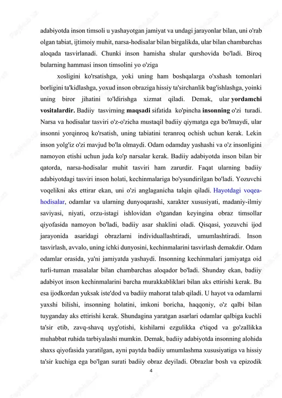 n masalalar bilan chambarchas aloqador bo'ladi. shunday ekan, badiiy adabiyot inson kechinmalarini barcha murakkabliklari bilan aks ettirishi kerak. bu esa ijodkordan yuksak iste'dod va badiiy mahorat talab qiladi. u hayot va odamlarni yaxshi bilishi, insonning holatini, imkoni boricha, haqqoniy, o'z qalbi bilan tuyganday aks ettirishi kerak. shundagina yaratgan asarlari odamlar qalbiga kuchli ta'sir etib, zavq-shavq uyg'otishi, kishilarni ezgulikka e'tiqod va go'zallikka muhabbat ruhida tarbiyalashi mumkin. demak, badiiy adabiyotda insonning alohida shaxs qiyofasida yaratilgan, ayni paytda badiiy umumlashma xususiyatiga va hissiy ta'sir kuchiga ega bo'lgan surati badiiy obraz deyiladi. obrazlar bosh va epizodik https://hozir.org/ahborot-resurslari-ahborot-tehnologiayasining-asosi-sifatida.html https://hozir.org/ahborot-resurslari-ahborot-tehnologiayasining-asosi-sifatida.html 5 singari turlarga bo'linadi. asarning boshidan oxirigacha qatnashib, tasvirda muhim o'rin tutuvchi ishtirokchi bosh qahramon deyilsa, asarning bir-ikki o'rnidagina qatnashib, keyin tushib qoladigan ishtirokchilar epizodik qahramonlar deyiladi. «ravshan» dostonidagi ravshan, zulxumor, hasanxonlar bosh timsollar bo'lsa, shirvonlik kampir ena, aka-uka kallar, oqqiz, uning maston onasi epizodik obrazlardir. biroq epizodik obrazlar ham voqealar rivojida muhim o'rin tutishi mumkin …