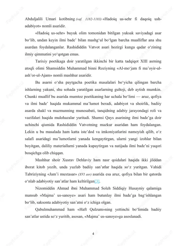 iste dod va imkoniyatlarini namoyish qilib, o zʼ ʻ salafi asaridagi ma lumotlarni yanada kengaytirgan, ularni yangi izohlar bilanʼ boyitgan, daliliy materiallarni yanada kupaytirgan va natijada ilmi bade ni yuqoriʼ bosqichga olib chiqqan. mashhur shoir xusrav dehlaviy ham nasr qoidalari haqida ikki jilddan iborat kitob yozib, unda yuzlab badiiy san atlar haqida so z yuritgan. vahidiʼ ʻ tabriziyning «jam i muxtasar»ʼ (xvi asr) asarida esa aruz, qofiya bilan bir qatorda o nlab adabiyotiy san atlar ham keltirilganʻ ʼ [3]. nizomiddin ahmad ibni muhammad soleh siddiqiy husayniy qalamiga mansub «majma us-sanoye» asari ham butunlay ilmi bade ga bag ishlanganʼ ʼ ʻ bo lib, saksonta adabiyotiy san atni o z ichiga olgan.ʻ ʼ ʻ qabulmuhammad ham «haft qulzum»ning yettinchi bo limida badiiyʻ san atlar ustida so z yuritib, asosan, «majma us-sanoye»ga asoslanadi.ʼ ʻ ʼ 4 https://oriftolib.uz/kutubxona/sheriy-sanatlar-necha-turli/#_ftn3 xx asrga qadar yaratilgan ko pgina lug atlar hamda boshqa ruhdagi asarlarʻ ʻ tarkibida u yoki …