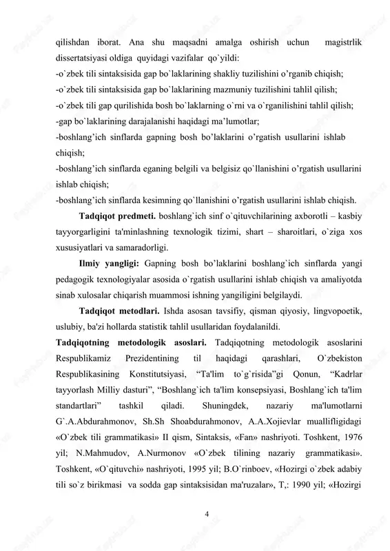 osalari ishlab chiqilganligi bilan belgilanadi. i bob. o`zbek tili sintaksisida gap bo`laklarining shakliy va mazmuniy tuzilishi ma'lumki, nihoyatda murakkab va o`ziga xos sistema bo`lgan til bir-birini taqozo qiluvchi, biri ikkinchisisiz yashay olmaydigan fonetik, leksik, morfologik, sintaktik sathlardan iborat bo`lib, har bir sath o`zining asosiy birligiga ega. fonetik sath uchun bu fonema bo`lsa, leksik sath uchun leksema, morfologik sath uchun so`z-shakldir. shu singari sintaksisning ham asosiy birligi bor. sintaksisning asosiy birligi esa gapdir. gap jamiyatning eng muhim, uni hayvonotdan farqlovchi faoliyati fikrlash qobiliyatini namoyon qiluvchi asosiy vositadir. gapning asosiy funktsional belgisi kommunikativlik, ya'ni fikr ifodalash va bayon qilish vazifasidir. tilning bu vazifasini yuzaga chiqaruvchi asosiy vosita gap hisoblanadi. zero, so`z ham, so`z birikmasi ham bu vazifani bajara olmaydi. ularning vazifasi narsa va hodisalar, belgi, harakatlarni nomlash, ya'ni nominativ vazifadir. bu jihatdan gap fikr ifodalovchi kommunikativ birlikdir. gap fikr ifodalovchi asosiy sintaktik qurilma bo`lishi bilan birga, eng kichik sintaktik birlik hamdir. gapdan …