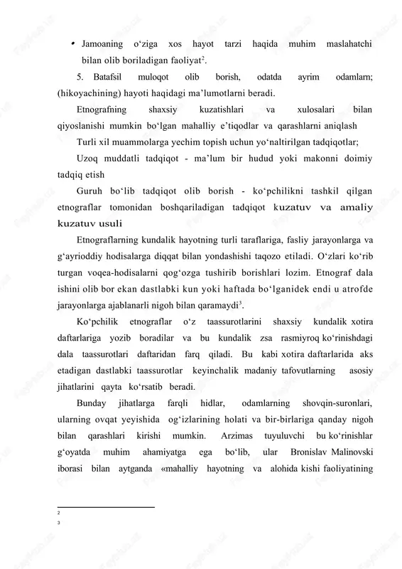 arlar, jo‘jalar, dengiz cho‘chqasi va kalamushlar ustidan olib boradigan tadqiqotlari etnografik tadqiqotdan tubdan farq qiladi. antropologlar tadqiqot qilinayotganlarni boshqarmaydilar yoki ularning ma’lum bir sharoitga qanday javob berishlarini o‘rganmaydilar. biz tilsiz buyum yoki jonzotlarni o‘rganmaymiz, bizning tadqiqotimiz markazida inson zoti turadi. etnograflar o‘rganish jarayonida ulardan o‘z bilganlaricha foydalanmaydilar, inson muhitini boshqarmaydilar yoki sinov tariqasida ma’lum faoliyatlarni keltirib chiqarmaydilar. ular mezbonlar (o‘zga madaniyat vakillari) bilan ishchanlik ruhidagi do‘stona aloqa o‘rnatishga harakat qiladilar. etnografiya olib boradigan odatiy tadqiqot usullaridan biri bevosita qatnashuv deb nomlanadi. bu biz o‘rganayotgan jamoa bilan birgalikda yashash va uning bir qismanaylanish degan ma’noni anglatadi. inson zoti boshqalar bilan birga yashar ekan biz butunlay befarq kuzatuvchi bo‘la olmaymiz. 2.tarixiy antropologiyada mavjud muammolarni o‘rganishning metodlari antropologlarning keng ko‘lamli jamiyatlarda tobora ko‘proq olib borishlari natijasida etnografiya va kuzatuv tadqiqotlar birgalikda olib borishning yangi usullari paydo bo‘ldi (frik 1994). kuzatuv tadqiqotida odatda katta aholi orasidan tadqiqot ostidagi aholi guruhi tanlab olinadi. to‘g‘ri tanlangan …