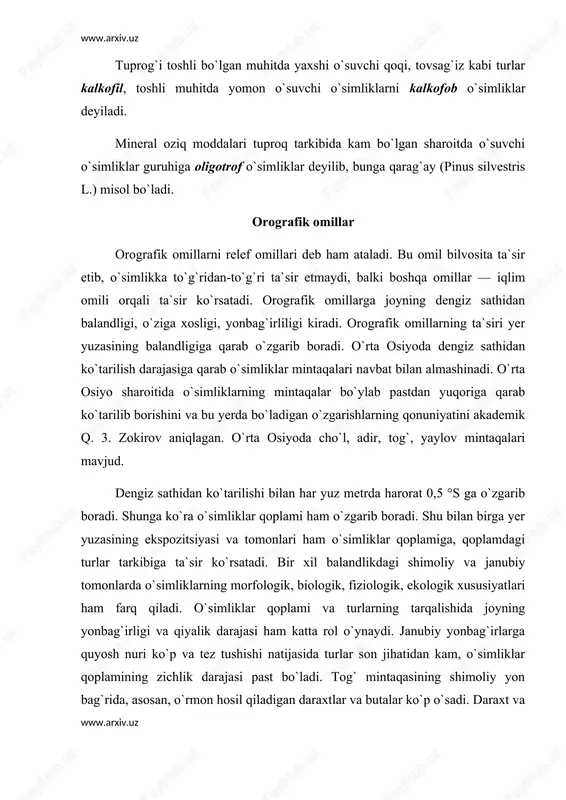 am har bir mintaqa ikkita bosqichdan iborat, ya`ni pastki va balandgi mintaqalardan iborat bo`ladi. misol uchun, pastki tog` mintaqasi va yuqorigi tog` mintaqasi mavjuddir. o`simliklarning mintaqalar bo`ylab tarqalishi hayotiy shakllariga ham ta`sir ko`rsatadi. relefning o`simliklar qoplamiga ta`sir ko`rsatish darajasiga qarab 3 gruppaga bo`linadi. 1. makrorelef — baland tog`lar bo`lib, dengiz sathidan har 100 m ko`tarilishi bilan havo harorati 0,5 °s ga pasayib boradi. natijada o`simliklar qoplami ham o`zgarib boradi. makrorelef, asosan, baland tog` mintaqasi bo`lib, tog`lar ham uch qismga bo`linadi. tog etagi-adir bilan tutashgan joyi, togning asosiy qismi, tog`ning ustki qismi, ya`ni yaylov bilan tutashgan qismi. 2. mezorelefga, asosan, daryo o`zanlari kirib, bu yerda tuproq namligi, oziq moddalar miqdori va tarkibi o`ziga xos rol o`ynaydi. yil fasllarining almashinishi, jumladan bahorgi suv toshqinlari vaqtida daryo o`zanlarining tuproq qatlami va tarkibi o`zgarib turadi. daryo suvlarining tez oqishi natijasida boshlanish qismida yirik toshlar va shag`allar to`planib qoladi. o`rta va quyi qismida esa oqim …