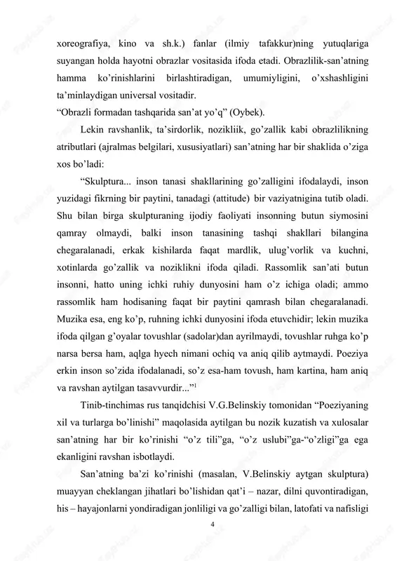 latofati va nafisligi 5 bilan beadad quvonch baxsh etadi: “haykaltarosh skopas marmardan vakx qizini yaratdi: qiz jonli ko’rinadi, tosh o’sha toshligicha qolgani holda, go’yo jonsiz tabiat qonunlarini buzganday edi... o’z tabiatiga ko’ra qattiq bo’lgan tosh ayol nafisligiga taqlid qilib, go’yo o’zi ham nafis bo’lib qolganday, ayollik tabiatiga ko’ra keskin, nozik harakatlar qilayotgan ayol qiyofasiga kirgan edi. tabiatan harakatdan mahrum bo’lgan tosh san’atkor qo’lining sehri, qudrati bilan vakx qizlari raqsida charx urib aylanayotganday edi. garchi ehtiros toshga xos bo’lmasa ham, vakx qizining yuzida es – hushidan ayrilgan ayol shavqi ravshan sezilardi... uning sochlarini shabada yulqilar, toshning o’zi ham nozik va mayin, durkin soch tolalariga aylangan edi. bu holni tushunishga, tasavvur etishga aql bovar qilmas edi, tosh bo’la turib, bu marmar obrazda ayolning bor mayinligi, nafisligi ko’rinar edi”2 bu tasvirning o’ziyoq, garchi marmardan yasalgan vakx qizini ko’rmasangiz ham, sizda skopasning mohirligi, tosh ayoldagi uyg’unlik va jonlilik ajib tuyg’ular ato qiladi, ayolning go’zalligi …