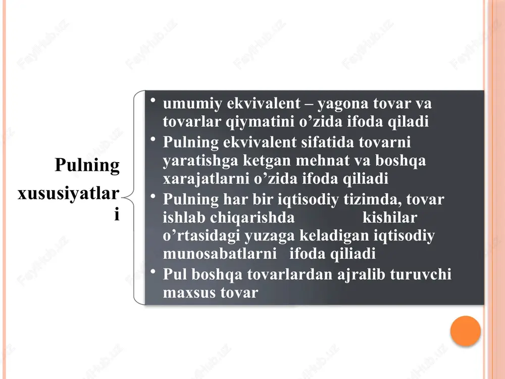 jamg’arma vositasi  bu pulning jamlangan boylik shakliga kirib o’z egasi uchun kerak bo’lganda xarid etish vositasi bo’lib xizmat qila olshidir. pul qog’oz yoki tanga bo’lgani uchun boylik emas, balki o’zida mehnatni mujassamlashtirgani, unga hamma narsani xarid etish yoki uni jamlab saqlash mumkin bo’lgani uchun boylik hisoblanadi. e`tiboringiz uchun rahmat slide 1 reja: slide 3 slide 4 slide 5 iqtisodiyotning rivojlanishida pulning roli slide 7 slide 8 pulning funksiyalari qiymat o’lchovi muomala vositasi slide 12 slide 13 slide 14 jamg’arma vositasi slide 16