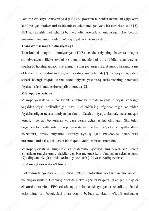ilgan magnit maydonlarni o'lchaydi. megning eeg-dan ustunligi shundaki, magnit maydonlar ko'proq lokalizatsiya qilingan bo'lib, bu miyaning turli qismlarining reaktsiyasini yaxshiroq kuzatish, shuningdek, haddan tashqari siqilishni (epileptik tutilish holatlarida) aniqlashga imkon beradi. implantlar neuroimplants - bu miya faoliyatini boshqarish yoki tartibga solish uchun ishlatiladigan har qanday qurilmalar. hozirgi vaqtda parkinson kasalligini davolashda klinik foydalanish uchun bir nechta implantatlar mavjud. eng keng tarqalgan neyroimplantlar miyaning chuqur stimulyatorlari (dbs) bo'lib, ular miyaning falaj bo'lgan joylarida elektr stimulyatsiyasi uchun ishlatiladi. ma'lumki, parkinson kasalligi bazal gangliya falajidan kelib chiqadi va yaqinda dbs uni davolash uchun afzal qilingan shaklga aylandi, ammo dbs samaradorligi bo'yicha tadqiqotlar hali ham dolzarb bo'lib qolmoqda [11]. neyromodulyatsiya nisbatan yangi yo'nalish bo'lib, u neyroimplantlar va neyrokimyolarni qo'llashni birlashtiradi. ushbu usulning asosi miyani turli xil omillar (metabolik, fiziologik, elektr stimulyatsiyasi) tomonidan boshqarilishi mumkinligi haqidagi fikrdir, uning harakatlari asab tizimiga joylashtirilgan qurilmalarni modulyatsiya qilishga qodir. hozirgi vaqtda ushbu usul tadqiqot bosqichida. uni muvaffaqiyatli qo'llash …
