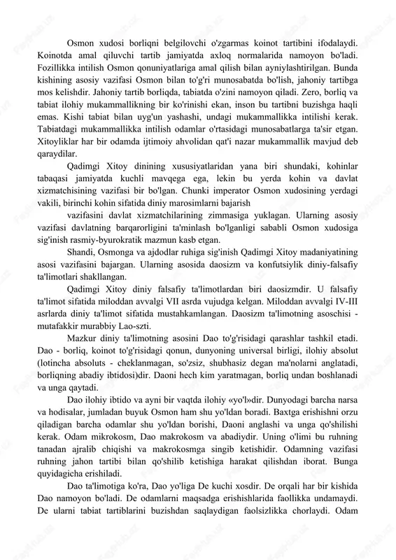 om olgan. u toshbaqa kosalari va turli hayvon suyaklariga bitilgan yozuvdir. bu yozuv usulidagi belgilarda hech qanday ilgaklar bo’lmaydi. bu usul faqat kalligrafiya va qadimgi san’at asarlarida saqlanib qolgan. 5. lishu – qadimda ma’lum bir davlat hodimlarining qayd etish usuli bo’lib, bunda ko’proq davlat ishlari olib borilgan. bu usul xan sulolasi davrida qo’llanilib, eramizdan avvalgi i asrning o’rtalarida mavjud bo’lgan.bu shriftlarning barchasi hozirgi zamon komputer yozuvlari orasida keng tarqalgan. xitoy dini. miloddan avvalgi ii ming yillikning boshlarida qadimgi xitoy dini vujudga kelgan. qabila ittifoqi davlatga o'sib o'tishi natijasida hukmron in qabilasining homiysi shandi bosh xudo sifatida qabul qilingan. qudratli xudolarga sig'inish urug'- qabila dinlari negizida shakllanganligi sababli unda totemiz va animizmning ta'siri kuchli bo'lgan. xitoyliklar shandini ulug' ajdod sifatida qadrlaganlar. u elat farovonligining himoyachisi, ajdodlar an'analariga amal qilinishining nazoratchisi sifatida mazkur tar- tibni buzganlarni jazolagan. odamlar unga o'z kundalik muammolarini hal etishda ko'mak so'rab sig'inganlar. shandining ulug' ajdod sifatidagi vazifasi …