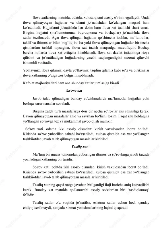 abi ko‘rsatiladi, xulosa qismida esa xat yo‘llangan tashkiiotdan javob talab qilinayotgan masalalar kiritiladi. tasdiq xatning qaysi xatga javoban bitilganligi iloji boricha aniq ko'rsatilishi kerak. bunday xat matnida qo'llanuvchi asosiy so‘zlardan biri "tasdiqlamoq" fe’lidir. tasdiq xatlar o‘z vaqtida jo‘natilsa, eslatma xatlar uchun hech qanday ehtiyoj sezilmaydi, natijada xizmat yozishmalarining hajmi qisqaradi. farmoyish xat farmoyish xat bir tarmoqqa tegishli quyi muassasalarning barchasiga yomlangan rasmiy hujjatdir. farmoyish xatlar xizmat aloqalarining ko'pgina sohalarida qo'llaniladi. ularning asosiy vazifasi aynan bir xil xabarni bir necha manzilga o‘tkazishdir. farmoyish xatlarning o'ziga xos xususiyati shundaki, u tashkilot qaramog‘idagi korxonalarni u yoki bu masala haqida xabardor qiladi yoki tegishli farmoyishlar beradi. ba’zi farmoyish xatlarda matnga nisbatan manzillar nomi ko‘proq joyni egallaydi. shu sababli ham ularda xat yo‘llanayotgan tashkilotlarning umumiy nomi yozilishi maqsadga muvofiqdir, masalan: barcha qurilish boshqarmalariga; barcha maktab direktorlariga kabi. farmoyish xatlar bosh muassasa rahbari tomonidan imzolanadi. agar xat matnida hisob bo'limiga oid masalalar ham bo'lsa, bosh hisobchi …
