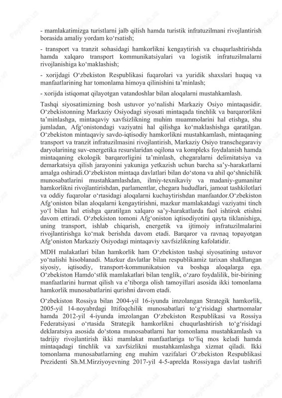 dh malakatlari bilan hamkorlik ham o‘zbekiston tashqi siyosatining ustuvor yo‘nalishi hisoblanadi. mazkur davlatlar bilan respublikamiz tarixan shakllangan siyosiy, iqtisodiy, transport-kommunikatsion va boshqa aloqalarga ega. o‘zbekiston hamdo‘stlik mamlakatlari bilan tenglik, o‘zaro foydalilik, bir-birining manfaatlarini hurmat qilish va e’tiborga olish tamoyillari asosida ikki tomonlama hamkorlik munosabatlarini qurishni davom etadi. o‘zbekiston rossiya bilan 2004-yil 16-iyunda imzolangan strategik hamkorlik, 2005-yil 14-noyabrdagi ittifoqchilik munosabatlari to‘g‘risidagi shartnomalar hamda 2012-yil 4-iyunda imzolangan o‘zbekiston respublikasi va rossiya federatsiyasi o‘rtasida strategik hamkorlikni chuqurlashtirish to‘g‘risidagi deklaratsiya asosida do‘stona munosabatlarni har tomonlama mustahkamlash va tadrijiy rivojlantirish ikki mamlakat manfaatlariga to‘liq mos keladi hamda mintaqadagi tinchlik va xavfsizlikni mustahkamlashga xizmat qiladi. ikki tomonlama munosabatlarning eng muhim vazifalari o‘zbekiston respublikasi prezidenti sh.m.mirziyoyevning 2017-yil 4-5-aprelda rossiyaga davlat tashrifi hamda rossiya federatsiyasi prezidenti v.v.putinning 2018 yil 18-19 oktyabrda o‘zbekistonga davlat tashrifi chog‘ida erishilgan kelishuvlarni to‘liq amalga oshirilishini ta’minlashdan iboratdir. o‘zbekiston respublikasi global muammolarni hal etishda muhim rol o‘ynaydigan, yaqin mintaqaviy qo‘shni xitoy bilan strategik hamkorlikni …