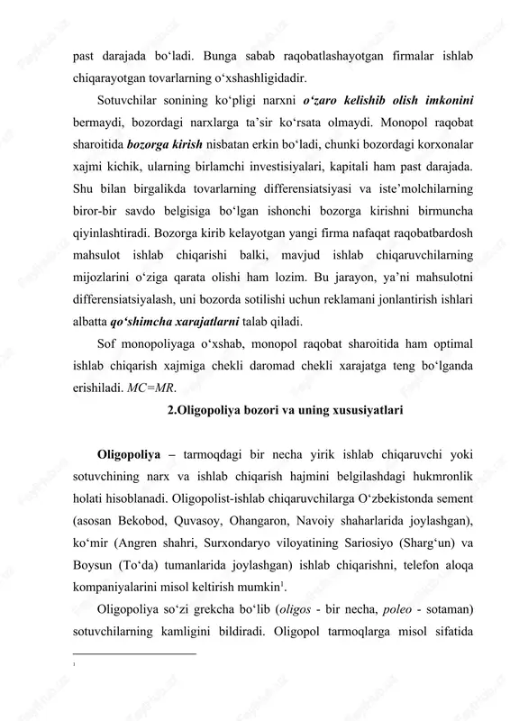 crosoft kompaniyasining prezidenti bill geyts oligopoliya maqomini yo‘qotmaslik uchun o‘zining raqobatchilarini doimiy ravishda moliyalashtirib turadi, chunki u bozorda monopol bo‘lib qolsa, davlatga juda katta soliq va boshqa to‘lovlarni to‘lashi kerak. odatda, oligopol bozorda 2 tadan 15 tagacha bo‘lgan kompaniyalar bozordagi barcha talabni qondiradi. oligopol bozorning asosiy xususiyatlaridan biri bu biror bir firma faoliyatidagi o‘zgarish, albatta boshqa xuddi shunday tovar ishlab chiqarayotgan firmaga ta’sir o‘tkazishidadir. ikkinchi firma raqobatda sinib qolmaslik uchun birinchi firma o‘zgarishiga javoban albatta biror o‘zgarish qilishi kerak. bu o‘zgarish narxda, sotuv xajmida, bozordagi ulushida, investision va innovasion faoliyatda, xarajatlarni qisqatirish strategiyasida yoki sotishdan keyingi xizmat ko‘rsatishni yaxshilab borishda namoyon bo‘lishi mumkin. masalan, bir firma o‘z mahsulotiga talabni rag‘batlantirish uchun mahsulotining narxini 10 foizga kamaytirsa, u asosan raqobatlashuvchi firmalar hisobidan o‘z mahsulotini sotish hajmini anchaga oshirishi mumkin. lekin firmaning bu narx siyosatiga javoban boshqa raqobatlashuvchi firmalar har xil iqtisodiy siyosat olib borishi mumkin. birinchidan, boshqa firmalar e’tibor bermasligi mumkin; …