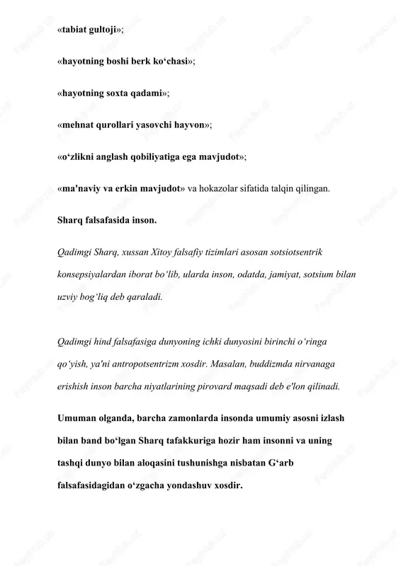 pologiya xx asrning 20-yillarida asosan m.sheler, a.gelen, x.plesner asarlari ta'sirida uzil-kesil vujudga keldi. xususan, m.shelerning «insonning kosmosdagi o‘rni» asarida inson haqida fundamental fan yaratish lozimligi qayd etiladi va uni falsafiy bilish dasturi taklif qilinadi. sharq olimlarining tabiat, uning inson hayotidagi o‘rni haqidagi qarashlari. g‘arb olimlarining tabiat, uning inson hayotidagi o‘rni haqidagi qarashlari. o'rta osiyo xalqlari, jumladan o'zbek xalqi qadimdan ekologik madaniyat merosiga ega. eng moktabar, qadimgi qo'lyozmamiz «avesto»xaiqimizning bebaho mulki sanaladi. bu nodir kitob bundan o'ttiz asr muqaddam shu zaminda yashagan ajdodlarimizning biz avlodlarga qoldirgan ma'naviy tarixiy merosidir. «avesto», ayni zamonda, bu qadim o'ikada buyuk davlat, yuksak ma'naviyat va madaniyat bo'lganligidan guvohlik beruvchi tarixiy hmjatdir. «avesto» tabiat, jamiyat va inson o'rtasidagi munosabatlarni ma'naviy, rnhiy va axloqiy mezonlar orqali uyg'unlashtiruvchi, kishini qurshab olgan olamni o'rganishga chorlaguvehi falsafadir. «avesto»da noyob dorivor giyohlar haqida qimmatli ma'lumotlar mavjud. bundan tashqari, uyjoy, atrofmuhit, tabiatni muhofaza qilish, uni asrash to'g'risida tavsiyalar berilgan. «avesto»da yer, suv, xona, …