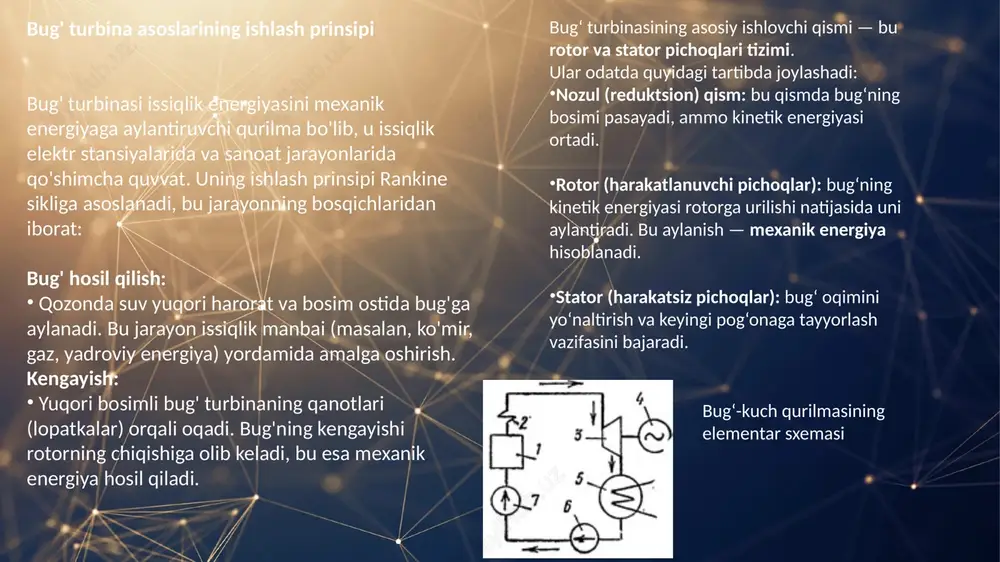 an himoyalanish uchun maxsus himoya qoplamalari qo‘llaniladi. iqtisodiy va avtomatlashtirish yo‘nalishlari •avtomatik boshqaruv tizimlarini joriy etish (scada, dcs): barcha jarayonlar avtomatlashtirilgan boshqaruv orqali boshqariladi, bu esa inson omilidan kelib chiqadigan xatolarni kamaytiradi. •monitoring va diagnostika tizimlari: onlayn monitoring tizimlari yordamida real vaqt rejimida nosozliklar aniqlanadi va tezkor texnik xizmat ko‘rsatish ta’minlanadi. texnologik yangiliklar va modernizatsiya yo‘llari bugungi kunda global energetika sohasida samaradorlik, ekologik xavfsizlik va iqtisodiy tejamkorlikka bo‘lgan talablar keskin ortib bormoqda. bu talablar bug‘ turbinali qurilmalarni texnologik jihatdan modernizatsiya qilish va yangi texnologiyalarni joriy etishni taqozo etadi. modernizatsiya orqali mavjud qurilmalar samaradorligi oshirilib, ularning xizmat muddati uzaytiriladi va energiya ishlab chiqarish xarajatlari kamayadi. superkritik va ultra-superkritik bug‘ texnologiyasi yangi texnologiyalardan biri bu – superkritik (sc) va ultra- superkritik (usc) bug‘ parametrlari asosida ishlaydigan turbinalardir. ushbu texnologiyalarda bug‘ning bosimi va harorati an’anaviy usullarga qaraganda ancha yuqori bo‘ladi: superkritik rejim: bosim > 22.1 mpa, harorat ~540–580 °c ultra-superkritik rejim: bosim > …