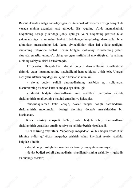 kurs ishining ob’ekti. o’zbekiston respublikasi moliya vazirligi, davlat soliq qo’mitasi va qator boshqa vazirliklarning davlat budjeti daromadlari tarkibi va uni takomillashtirish yunalishlari borasidagi faoliyati kurs ishining ob’ekti xisoblanadi. kurs ishining predmeti. davlat budjeti soliqli daromadlarini shakllantirish jarayonida yuzaga keladigan munosabatlar kurs ishining predmeti bo’lib xisoblanadi. kurs ishning nazariy-amaliy ahamiyati. kurs ishining nazariy-amaliy ahamiyati shundan iboratki, o’rganilgan va tahlil qilingan materiallar, bayon qilingan fikr-mulohazalar, xulosa va takliflardan iqtisodiyotni diversifikatsiyalash sharoitida davlat budjeti soliqli daromadlarini takomillashtirish masalalarida nazariy-amaliy manba sifatida qo’llanilishi mumkin. kurs ishining tarkibi. kurs ishi kirish, uchta bob, xulosalar xamda foydalanilgan adabiyotlar ruyxatidan iborat. 7 i bob. davlat moliyasi va budjeti daromadlarini shakllanishida fiskal siyosati va nazariy, tashkiliy- huquqiy asoslari 1.1. davlat moliyasi daromadlarini shakllanishining nazariy jihatlari davlat budjetining daromadlari mamlakat yalpi ichki (milliy) mahsulotini taqsimlash va qayta taqsimlash umumiy jarayonining elementlaridan biri bo’lib, ular oraliq (tranzit) xarakterga ega. ular yuridik va jismoniy shaxslarga tegishli bo’lgan daromadlar va jamg’armalarning bir …