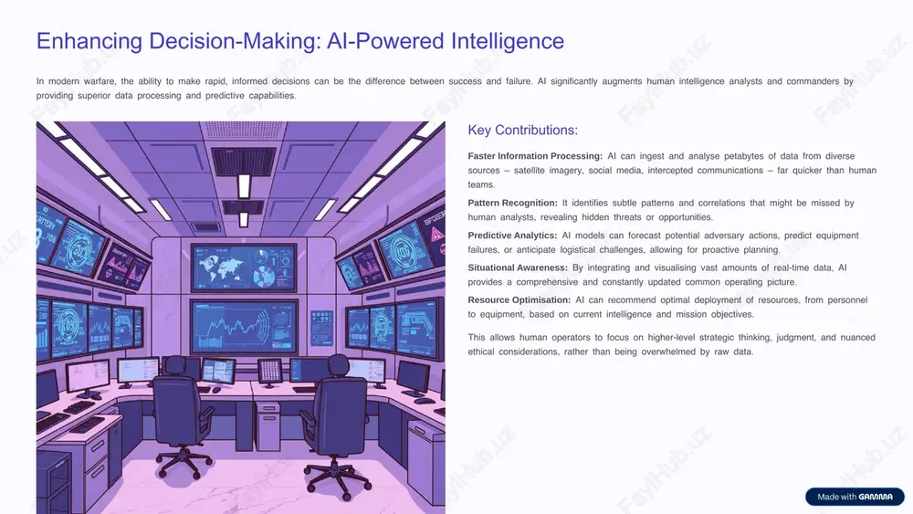 isolating compromised systems .and preventing wider damage vulnerability management: machine learning can analyse vast codebases to identify potential vulnerabilities in .software and systems behavioural analytics: ai monitors network and user behaviour to flag suspicious activities that deviate from .established norms https://gamma.app/?utm_source=made-with-gamma ethical considerations: responsible ai development and deployment . the integration of ai into defence raises profound ethical questions that demand careful consideration and robust frameworks ensuring the .responsible development and deployment of ai is crucial to maintaining public trust and upholding international humanitarian law accountability who is responsible when an autonomous system makes a ? decision with unintended consequences establishing clear lines .of accountability for ai actions is critical lethal autonomous weapons systems (laws) the debate surrounding 'killer robots' and the degree of human control required over lethal force decisions is one of the most .pressing ethical challenges bias and discrimination ai systems are only as unbiased as the …