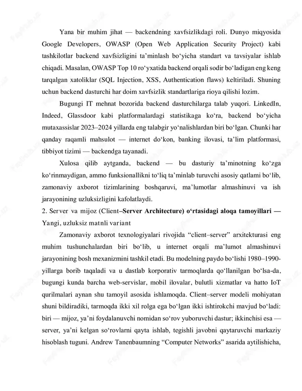 shli javobni qaytaruvchi markaziy hisoblash tuguni. andrew tanenbaumning “computer networks” asarida aytilishicha, ushbu arxitektura tizimlarning funksiyalarini ajratish orqali ularni boshqarishni yengillashtiradi va ko‘p foydalanuvchili tizimlarda barqarorlikni oshiradi. mijozning vazifasi oddiy ko‘rinishi mumkin, ammo u juda muhim bosqichlardan iborat. mijoz foydalanuvchi tomonidan berilgan buyruqlarni dastlab o‘z tizimida qayta ishlaydi, masalan, web brauzer manzil satriga kiritilgan url manzilini dns orqali tekshiradi, ushbu domenning haqiqiy ip manzilini topadi va shundan so‘ng serverga so‘rov yuboradi. mijoz odatda yengil dastur hisoblanadi, chunki u ma’lumotlar ustida murakkab amallar bajarmaydi; uning vazifasi kerakli manzilga to‘g‘ri formatlangan http so‘rovi yuborish va serverdan kelgan natijani foydalanuvchiga qulay ko‘rinishda namoyish qilishdan iborat. eng keng tarqalgan mijoz turiga web brauzerlar misol bo‘ladi; chrome, firefox, safari kabi brauzerlar aynan shu mexanizm orqali ishlaydi. server esa butun tizimning asosiy hisoblash markazi bo‘lib, mijozlardan kelgan so‘rovlarga aniq javob qaytarish uchun ishlab chiqilgan. server doimiy ravishda faol holatda turadi va har bir so‘rovni ketma-ket yoki …