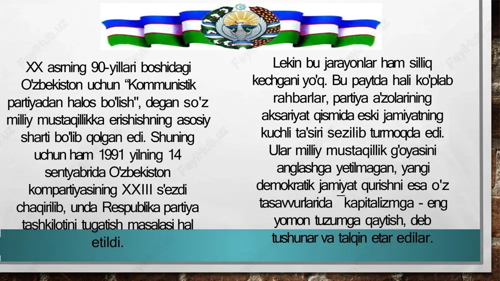 estivallarda ishtirok etib, tan olindi. davlat tomonidan qo'llab-quvvatlanuvchi 100 ga yaqin san'at maktablari va konservatoriyalar yosh iste'dodlarni tarbiyalashda muhim rol o'ynadi, bu esa milliy san'atning yuksalishiga yordam berdi. madaniyat va sanʼatning taraqqiyoti sovet ittifoqining parchalanishi va uning oʻzbekistonga taʼsiri sovet ittifoqining parchalanishi oʻzbekiston uchun 1991-yil 31-avgustda mustaqillikni eʼlon qilish bilan yakunlandi, bu esa 70 yillik sovet hukmronligiga yakun qoʻydi va yangi geosiyosiy tartibni belgiladi. sovet ittifoqining parchalanishi natijasida oʻzbekistonda 15 dan ortiq milliy ozchilikning mavjudligi millatlararo munosabatlarni tartibga solish boʻyicha murakkab vazifalarni qoʻydi va yangi davlat qurilishiga toʻsqinlik qiluvchi omillarni yaratdi. sovet ittifoqining parchalanishi natijasida oʻzbekistonda 15 dan ortiq milliy ozchilikning mavjudligi millatlararo munosabatlarni tartibga solish boʻyicha murakkab vazifalarni qoʻydi va yangi davlat qurilishiga toʻsqinlik qiluvchi omillarni yaratdi. milliy ozodlik harakati va uning roli milliy ozodlik harakati natijasida 1991-yil 31-avgustda o'zbekiston respublikasi mustaqillikka erishdi va bu jarayon sobiq sovet ittifoqining parchalanishiga katta ta'sir ko'rsatdi. milliy ozodlik harakati 1980-yillarning oxirida, sovet …