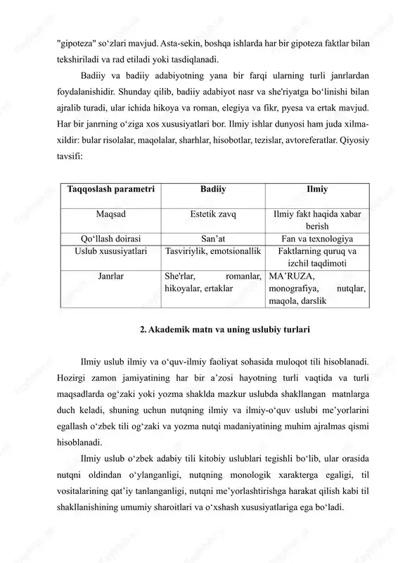 lar ichida hikoya va roman, elegiya va fikr, pyesa va ertak mavjud. har bir janrning o‘ziga xos xususiyatlari bor. ilmiy ishlar dunyosi ham juda xilma- xildir: bular risolalar, maqolalar, sharhlar, hisobotlar, tezislar, avtoreferatlar. qiyosiy tavsifi: taqqoslash parametri badiiy ilmiy maqsad estetik zavq ilmiy fakt haqida xabar berish qo‘llash doirasi san’at fan va texnologiya uslub xususiyatlari tasviriylik, emotsionallik faktlarning quruq va izchil taqdimoti janrlar she'rlar, romanlar, hikoyalar, ertaklar ma’ruza, monografiya, nutqlar, maqola, darslik 2. akademik matn va uning uslubiy turlari ilmiy uslub ilmiy va o‘quv-ilmiy faoliyat sohasida muloqot tili hisoblanadi. hozirgi zamon jamiyatining har bir a’zosi hayotning turli vaqtida va turli maqsadlarda og‘zaki yoki yozma shaklda mazkur uslubda shakllangan matnlarga duch keladi, shuning uchun nutqning ilmiy va ilmiy-o‘quv uslubi me’yorlarini egallash o‘zbek tili og‘zaki va yozma nutqi madaniyatining muhim ajralmas qismi hisoblanadi. ilmiy uslub o‘zbek adabiy tili kitobiy uslublari tegishli bo‘lib, ular orasida nutqni oldindan o‘ylanganligi, nutqning monologik xarakterga egaligi, til …