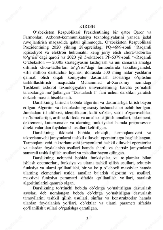 gi ixtiyoriy 1ta simvol. xotiradan 1 bayt joy oladi. simvollar ascii kodlariga mos keladi. (ascii – american standart code for information interchange).  butun tipli oʻzgaruvchilar: int. masalan: int a, i, j ; bu yerda dasturda ishlatilayotgan a, i, j oʻzgaruvchilarining tipi butun ekanligi koʻrsatildi. bu tipdagi oʻzgaruvchilar 2 bayt joy egallaydi. ularning oʻzgarish oraligʻi: -32768 dan +32767 gacha; (hozirgi 32 razryadli kompyuterlarda 4 bayt joy oladi va oraligʻi 2 marta oshgan).  butun tipli katta (uzun) oʻzgaruvchilar: long. masalan: long s, s2, aa34; bu tipdagi oʻzgaruvchilar 4 bayt joy egallaydi. ular – 2147483648 dan+2147483647 gacha bo‘lganoraliqdagi sonlarni qabul qilishi mumkin.  ishorasiz butun oʻzgaruvchilar: unsigned short – 2 bayt joy oladi,oʻzgarish oralig‘i 0 dan 65535 gacha; unsigned long – 4 bayt joy oladi, oʻzgarish oralig‘i: 0 dan 4294967295 gacha; unsigned char – 1 bayt joy oladi, oʻzgarish oralig‘i 0 dan 255 gacha.  haqiqiy tipdagi oʻzgaruvchilar: float. masalan: float …