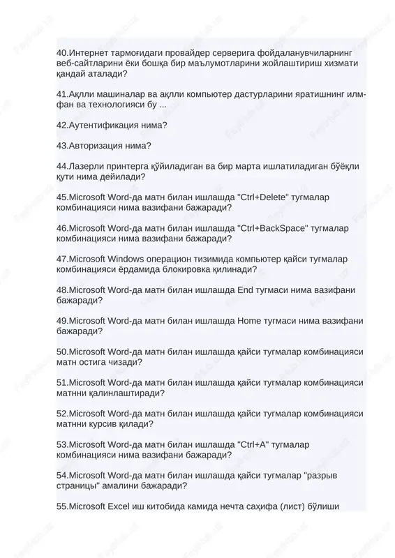 56.microsoft powerpoint-da taqdimot qaysi tugma orqali ishga tushiriladi? 57.microsoft powerpoint-da taqdimotni joriy slayddan ishga tushirish uchun qaysi tugmalar kombinatsiyasidan foydalaniladi? 58.normativ-huquqiy hujjatlar loyihasini ishlab chiqish va kelishishning yagona elektron tizimi veb manzilini belgilang. 59.o'zbekiston respublikasi prezidentining virtual qabulxonasini ko'rsating. 60.o'zbekiston respublikasi bosh vazirining tadbirkorlar murojaatlarini ko'rib chiqish virtual qabulxonasini ko'rsating. 61.yagona interaktiv davlat xizmatlari portalini ko'rsating. 62.jamoatchilik tashabbuslari yagona platformasi qaysi domen ostida faoliyat olib boradi? 63.o'zbekiston respublikasi qonun hujjatlari ma'lumotlari milliy bazasi qaysi domen ostida faoliyat olib boradi? 64.davlat organlarini o'zaro idoralararo hamkorligi “elektron hukumat”ning qaysi aloqa turiga kiradi? 65.davlat organlari va biznes vakillari orasidagi o'zaro hamkorlik “elektron hukumat”ning qaysi aloqa turiga kiradi? 66.davlat organlari va davlat xodimlarining o'zaro hamkorligi “elektron hukumat”ning qaysi aloqa turiga kiradi? 67.davlat organlari va xorijiy fuqarolar orasidagi o'zaro hamkorlik elektron hukumatning qaysi aloqa turiga kiradi? 68.davlat organlarini fuqarolar bilan o'zaro hamkorligi “elektron hukumat”ning qaysi aloqa turiga kiradi? 69.word-da matn bilan ishlashda shriftni katta-kichik qilish …