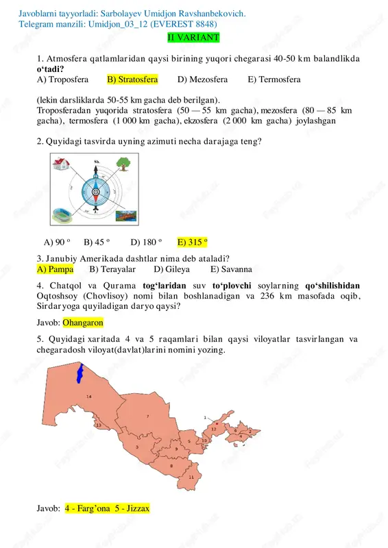 – f) kumush, platina 4. qiyin eruvchi metallar – a) volfram, molibden 5. nodir metallar - b) uran, germaniy 6. zarafshon iqtisodiy rayonining qaysi shahrida bir nechta gilam fabrikalari, tabak-ferment va shifer zavodlari faoliyat yuritadi? javob: urgut shahrida 7. afrika davlatlari orasida aholi soni bo‘yicha 1- va 2-o‘rinda turadigan davlatlar nomini yozing. javob: nigeriya va efiopiya 8. nikaragua davlatining maydoni 129,5 ming km.kv, aholisining umumiy soni 6,3 mln kishini tashkil etsa, ushbu davlatning aholi zichligini aniqlang. javob: 48.6 kishi ishlanishi: 6 300 000:129 500=48.6 javoblarni tayyorladi: sarbolayev umidjon ravshanbekovich. telegram manzili: umidjon_03_12 (everest 8848) 9. quyidagi jadvalni to‘ldiring. aholi soni, mln kishi shahar aholisi soni, mln kishi urbanizatsiya darajasi, % qishloq aholisi soni, mln kishi qishloq aholisi ulushi, % 140 84 mln 60% 56 40% ishlanishi: 140-56=84 mln – shahar aholisi 140-------100% 84--------- x % x=84×100:140=60% - urbanizatsiya 100-60=40% - qishloq aholisi ulushi. 10. ushbu diagramma yordamida farg‘ona, janubiy va …