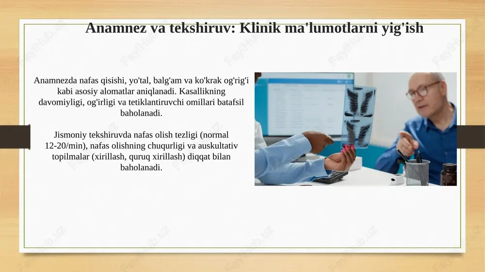 likda baholash imkonini beradi. kompyuter tomografiyasi (kt) o'pka saratoni screeningida, ayniqsa, 55 yoshdan 80 yoshgacha bo'lgan og'ir chekuvchilarda, kichik tugunlarni aniqlash va saratonning 1-bosqichida aniqlash uchun foydalidir. bronxoskopiya: vizualizatsiya va biopsiya bronxoskopiya bronx daraxtini bevosita vizualizatsiya qilish imkonini beradi, bu esa o'smalar, yallig'lanishlar yoki yot jismlarni 0.5 mm gacha aniqlikda aniqlashga yordam beradi. bronxoskopiya biopsiya olish, bronxial lavaj yoki cho'tka sitologiyasi kabi diagnostika protseduralarini bajarish imkonini beradi, bu esa gistologik tekshiruv uchun namuna oladi. torakosentez va plevra biopsiyasi: plevra suyuqligi va to'qimalarini o'rganish torakosentez suyuqlikni tahlil qilish uchun ishlatiladi, masalan, protein, ldh va hujayra soni, transudat va eksudat plevra efuziyalarini ajratish uchun light mezonlariga asoslanadi. plevra biopsiyasi granulyomatoz kasalliklar, malign o'smalar yoki aniqlanmagan eksudativ efuziyalar kabi holatlarda tashxis qo'yish uchun to'qimalarni gistopatologik tekshirishni ta'minlaydi. natijalarni integratsiyalash va klinik korrelyatsiya: tashxisni aniqlash instrumental ma'lumotlar anamnez va fizik tekshiruvlar bilan uyg'unlashtirilishi kerak, masalan, spirometriya natijalari o'pka auskultatsiyasi bilan solishtirilganda aniq tashxisga olib …