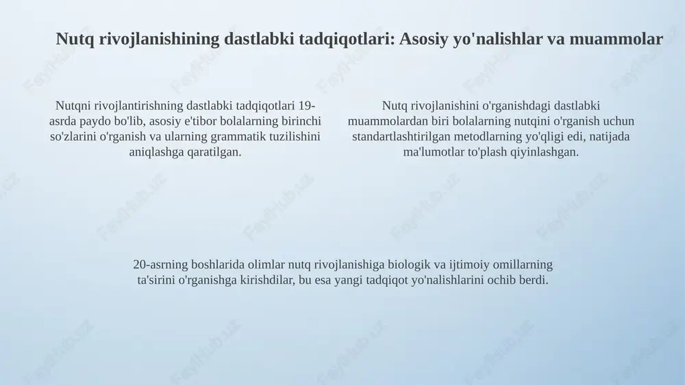 usiyatlarini tahlil qiladi. mt 15 dan ortiq nutq buzilishlari bo'lgan bolalarga yordam berish uchun innovatsion metodikalarni yaratdi va 2500 dan ortiq o'qituvchilarni malakasini oshirdi. amaliy loyihalar nutq terapiyasi dasturlarini ishlab chiqishga qaratilgan, 30 dan ortiq maktabgacha ta'lim muassasasida nutqni rivojlantirish bo'yicha treninglar tashkil etilgan. mtning nutq rivojlanishi metodologiyasiga qo'shgan hissasi: asosiy yutuqlar mtning yutuqlari o'z ichiga 20 dan ortiq ilmiy maqolalar va 5 ta monografiyani chop etishni oladi, ularda nutq rivojlanishidagi yangi metodologiyalar batafsil yoritilgan. mtning hissasi bolalar nutqini baholash uchun 10 dan ortiq diagnostika vositalarini ishlab chiqishni o'z ichiga oladi, bu esa aniqroq aralashuv strategiyalarini shakllantirishga yordam beradi. mt, 3 ta asosiy yo'nalishda, masalan, fonetik tuzatish, lug'atni boyitish va grammatikani takomillashtirish bo'yicha 15 dan ortiq amaliy mashg'ulotlarni tashkil etdi. mtning resurslari va imkoniyatlari mtning asosiy resurslaridan biri – bu o'zining ilmiy-tadqiqot laboratoriyalari bo'lib, ular nutq rivojlanishining 3 ta asosiy yo'nalishi bo'yicha zamonaviy uskunalar bilan ta'minlangan. mtda nutq buzilishlarini 5 …