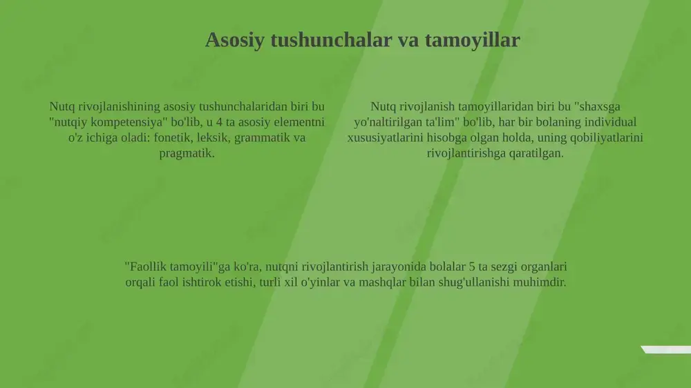 . nutqiy rivojlanishda oilaning roli oila a'zolarining nutqiy namunasi bolaning talaffuziga sezilarli ta'sir ko'rsatadi; 6 yoshdan keyin, oilada to'g'ri talaffuzga e'tibor berish nutq nuqsonlarini kamaytirishga yordam beradi. oila erta nutqiy rivojlanish uchun muhimdir, chunki ota-onalar farzandlari bilan doimiy muloqotda bo'lib, 1 yoshdan 3 yoshgacha bo'lgan davrda so'z boyligini oshirishga yordam beradi. ota-onalarning kitob o'qishi va hikoyalar aytib berishi bolaning 3 yoshdan 5 yoshgacha bo'lgan davrda grammatik tuzilishni shakllantirishga ta'sir qiladi, bu esa to'g'ri gapirish ko'nikmalarini rivojlantiradi. inklyuziv ta'limda nutqiy rivojlanish inklyuziv taʼlimda nutqiy rivojlanish bolalarning 10 foizga yaqinida kuzatiladigan turli nutqiy nuqsonlarni bartaraf etishga qaratilgan individual yondashuvlarni talab etadi. oʻqituvchilar inklyuziv sinflarda har bir bolaning 15-20 daqiqalik nutqiy rivojlanish ehtiyojlarini aniqlash va ularga moslashtirilgan oʻquv dasturlarini ishlab chiqishlari zarur. inklyuziv muhitda nutqiy rivojlanish, tengdoshlar bilan oʻzaro muloqotni 25-30% ga oshirib, ijtimoiy koʻnikmalarni rivojlantirish va erta integratsiyani taʼminlashda muhim rol oʻynaydi. nutqiy nuqsonlarni bartaraf etish nutqiy nuqsonlarni bartaraf etish logopedik mashqlar, …